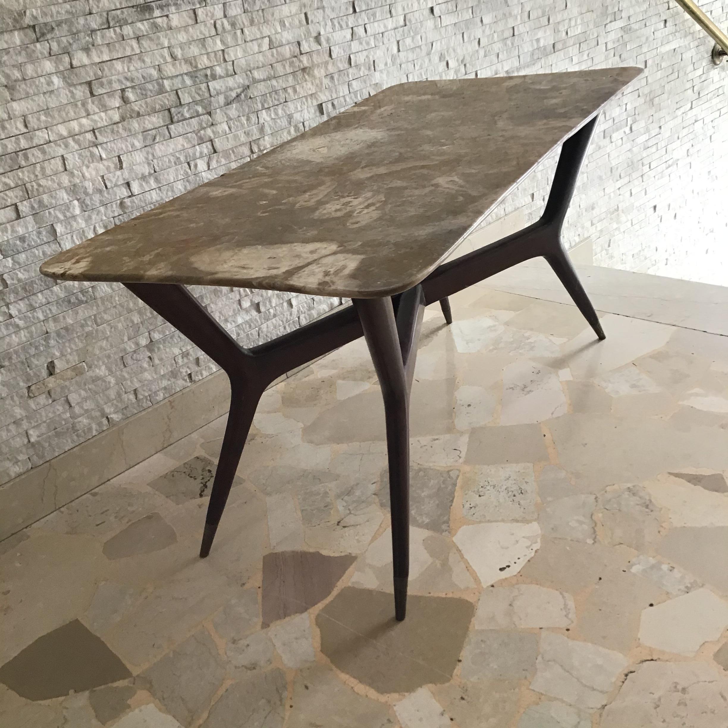Gio’ Ponti Coffee Table Brass Wood Marbre, 1950, Italy  For Sale 5