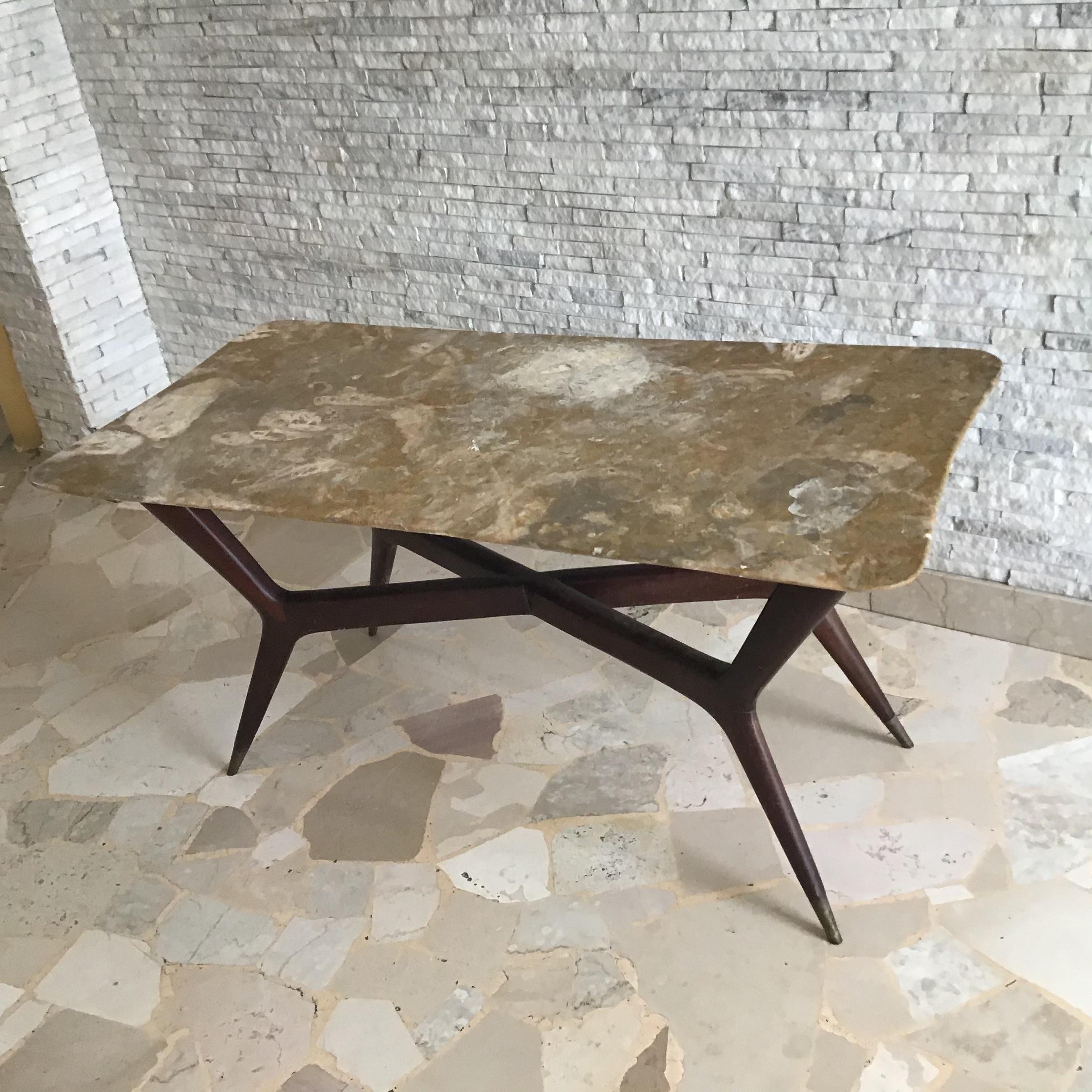 Gio’ Ponti Coffee Table Brass Wood Marbre, 1950, Italy  For Sale 13