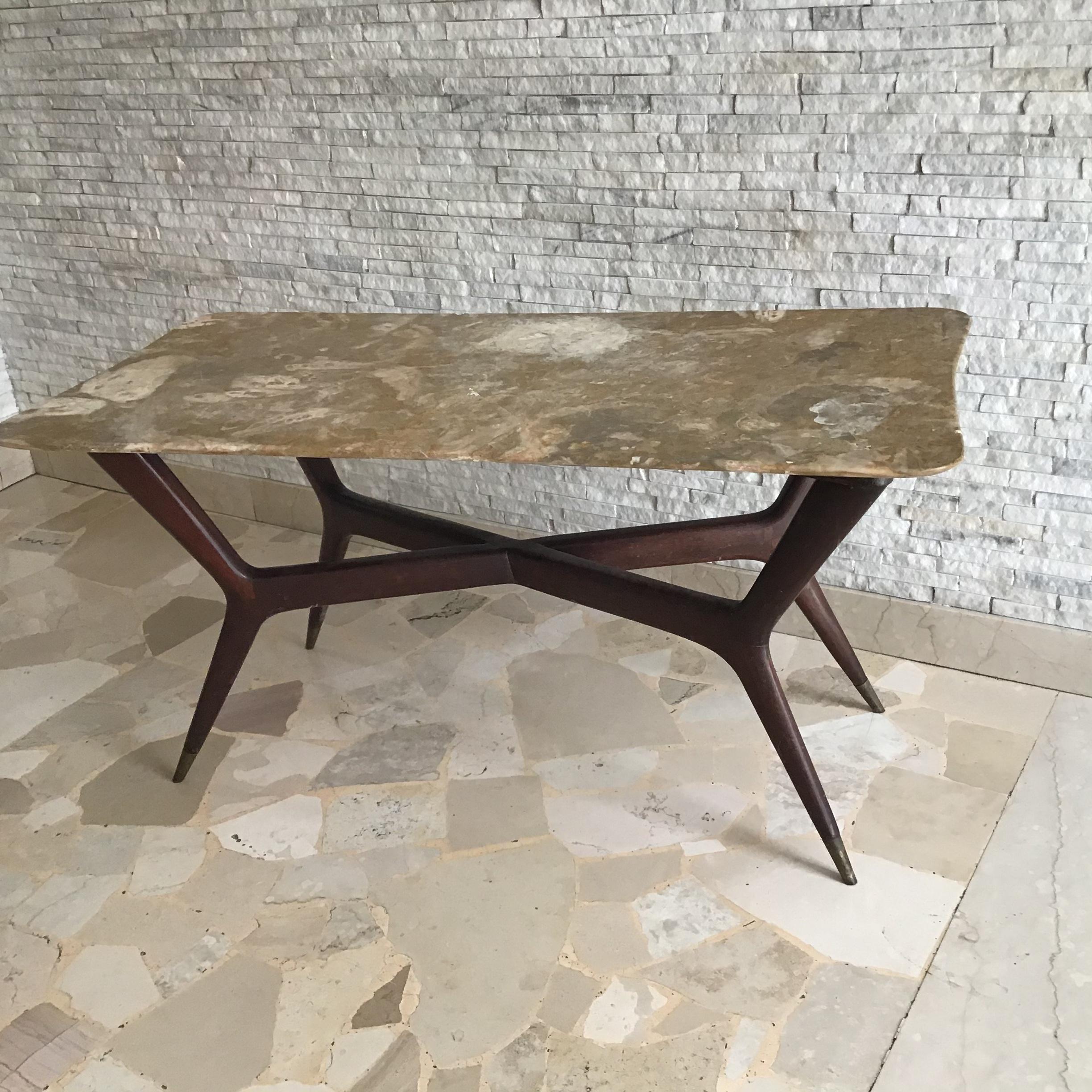 Other Gio’ Ponti Coffee Table Brass Wood Marbre, 1950, Italy  For Sale