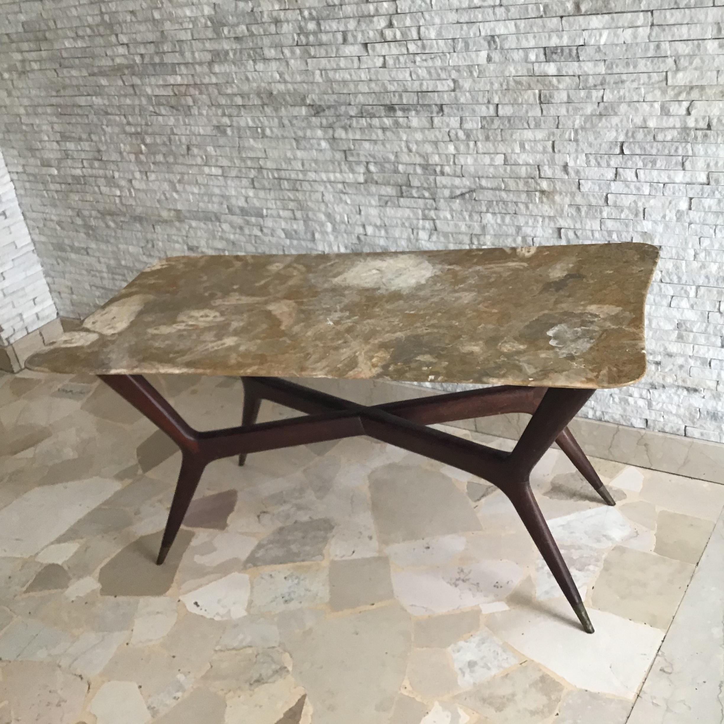 Gio’ Ponti Coffee Table Brass Wood Marbre, 1950, Italy  In Good Condition For Sale In Milano, IT
