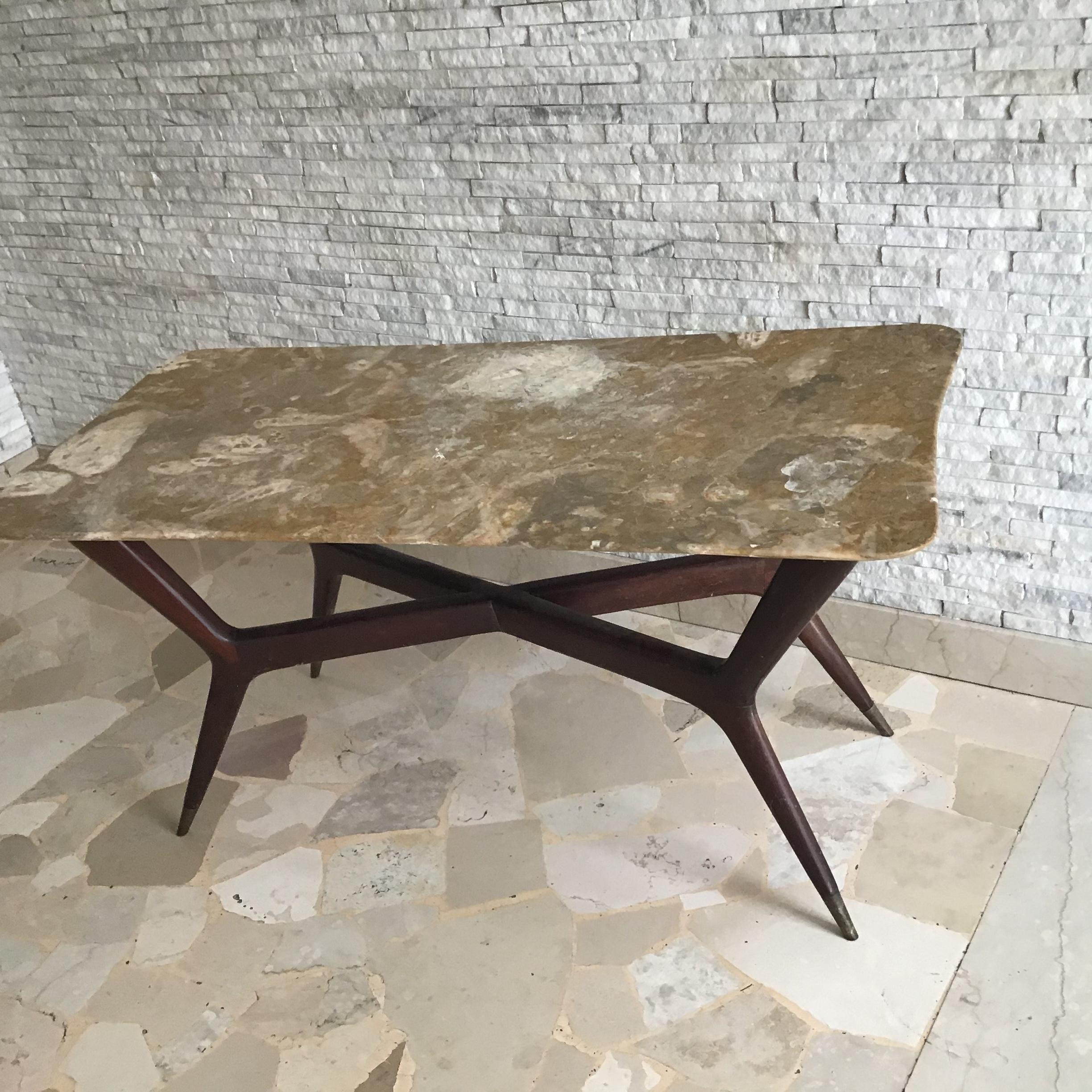 Mid-20th Century Gio’ Ponti Coffee Table Brass Wood Marbre, 1950, Italy  For Sale