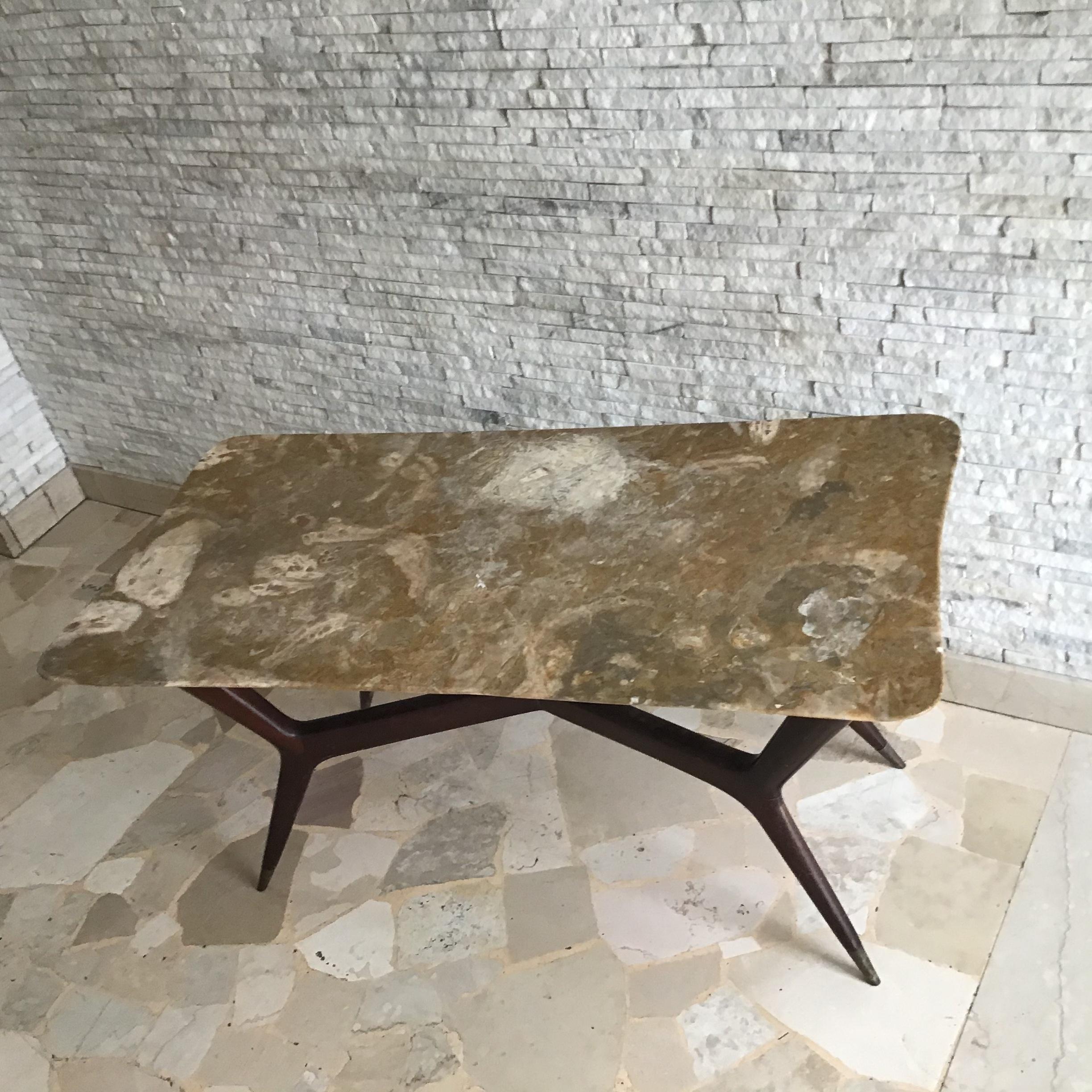 Gio’ Ponti Coffee Table Brass Wood Marbre, 1950, Italy  For Sale 1