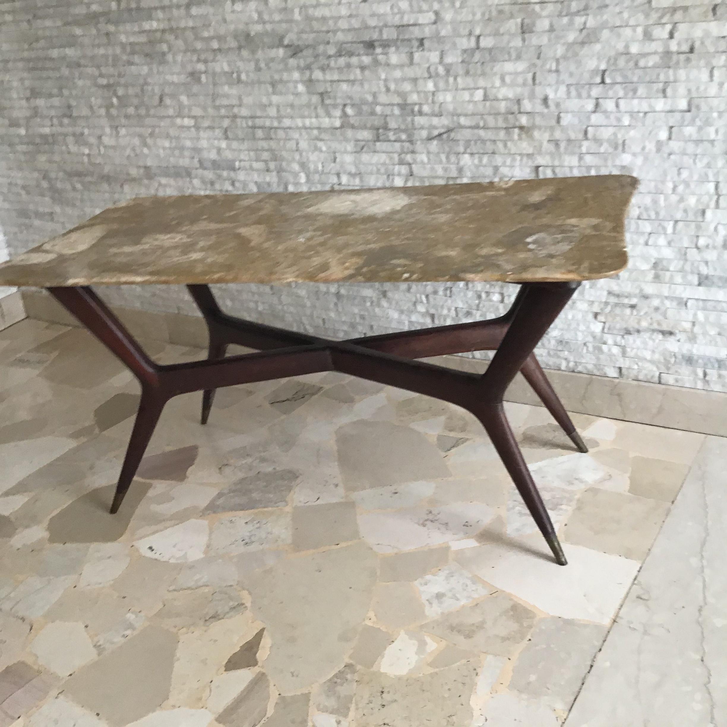 Gio’ Ponti Coffee Table Brass Wood Marbre, 1950, Italy  For Sale 2