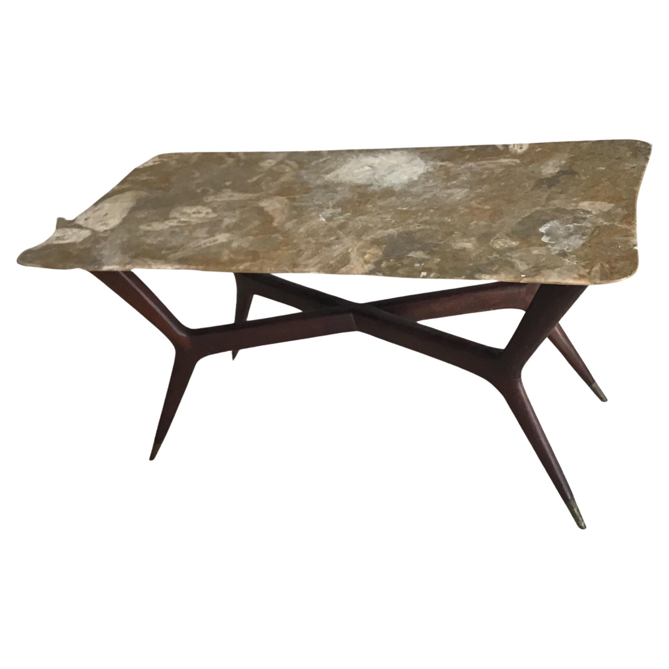 Gio’ Ponti Coffee Table Brass Wood Marbre, 1950, Italy  For Sale