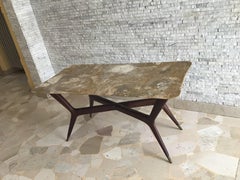 Gio’ Ponti Coffee Table Brass Wood Marbre,  Certificate Archivio 1950, Italy