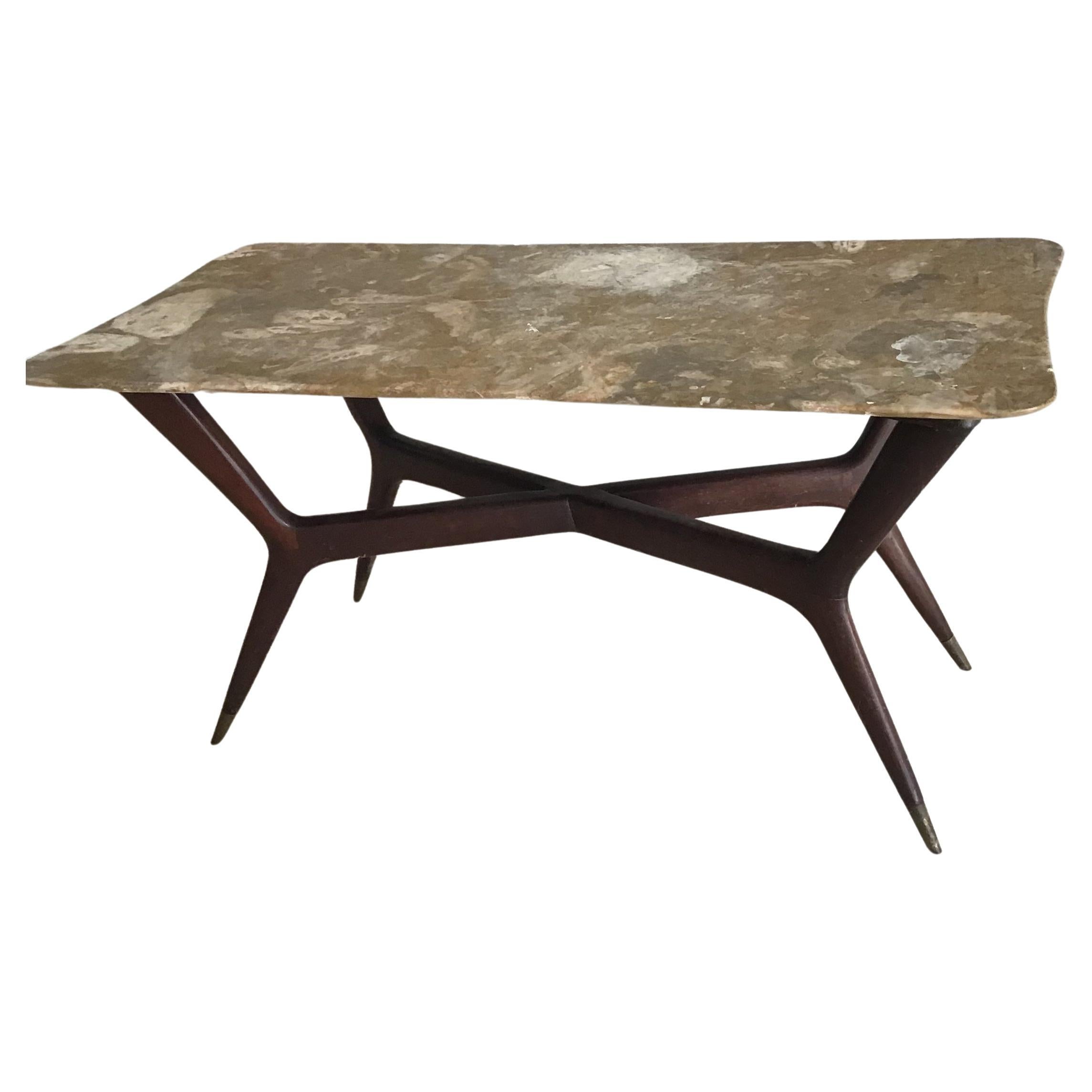 Gio’ Ponti Coffee Table Brass Wood Marbre,  Certificate Archivio 1950, Italy   For Sale