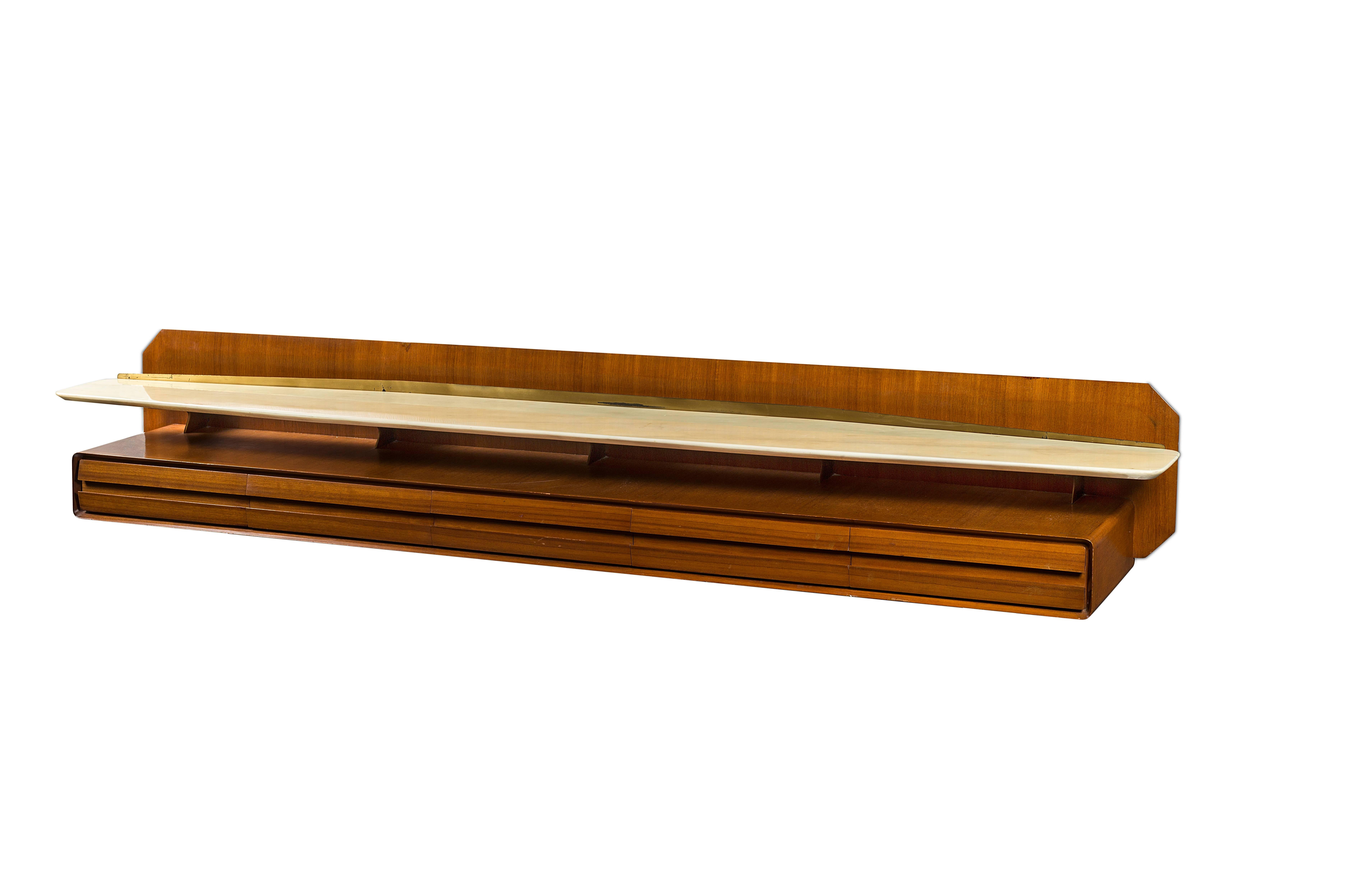 Gio Ponti, 1891-1979,
Italy.

Important : vintage collector's item for sale with guaranteed authenticity. 
Console, circa 1950.
Wood with veneer, marble, brass.

Expertise Gio Ponti Archive 14074/000

Measures: 37.5 x 250.5 x 37 cm.
