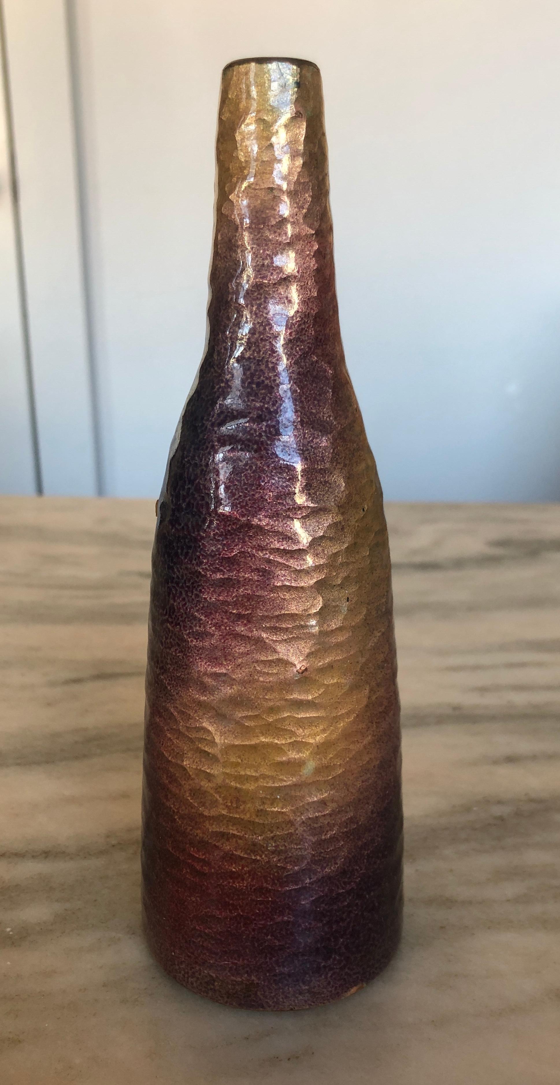 Battuto hand-hammered copper conical vessel enameled in mottled colors. Stamped and signed to the underside with an old Gumps paper label.