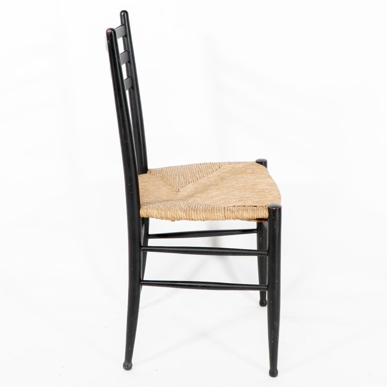 Gio Ponti style Ebonized ladder back rush seat side or desk chair