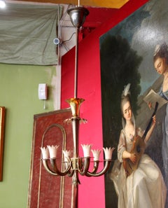 Gio Ponti, Emilio Lancia Art Deco Italian Design Brass Six-Lights Chandelier