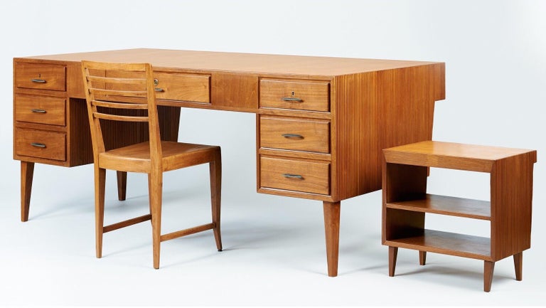 Gio Ponti End Table With Bookshelves In Reeded Mahogany Desk Set
