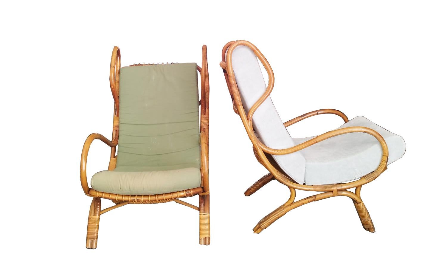 Rare bamboo 'Continuum' lounge chairs model BP16 designed by Gio Ponti, manufactured by Bonacinao. The chair is completely made of bamboo and wicker and still has its original upholstery and cushion. The chair is in extraordinary condition and seats
