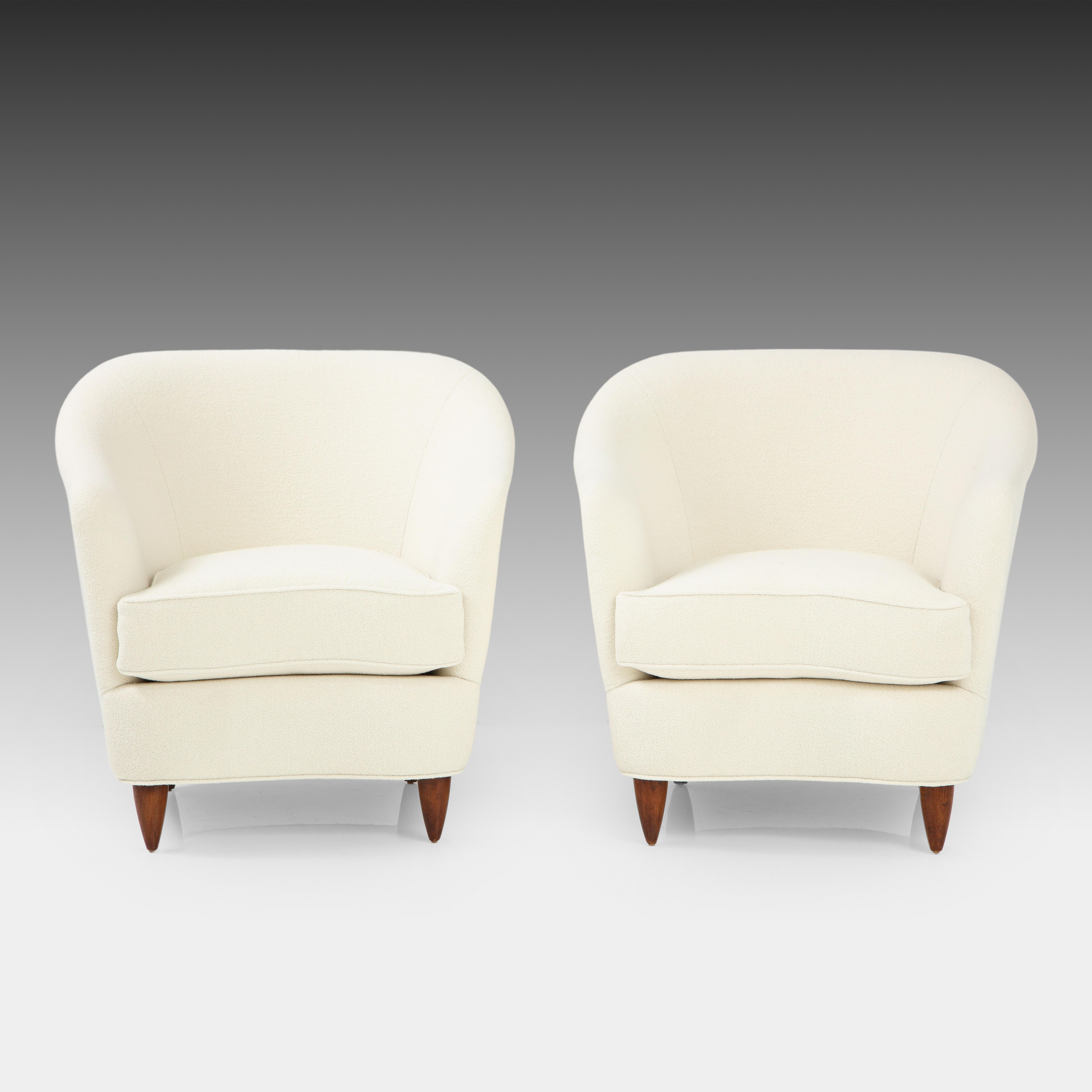 Italian Gio Ponti for Casa e Giardino Pair of Armchairs or Lounge Chairs in Ivory Bouclé