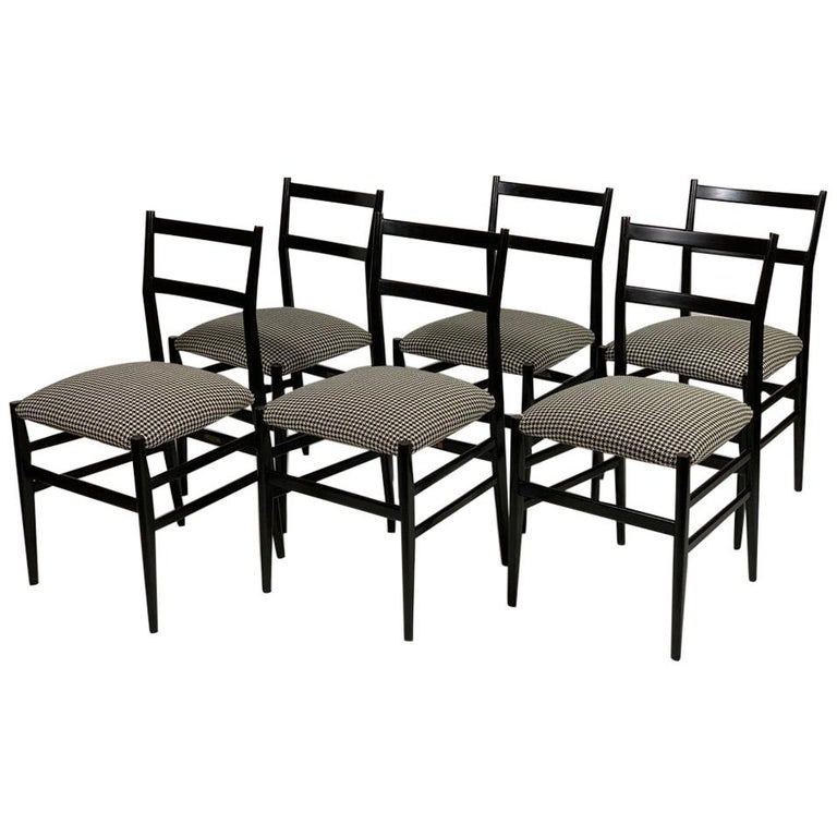 Gio Ponti for Cassina Midcentury Six Black Wood Leggera Chairs Signed For Sale