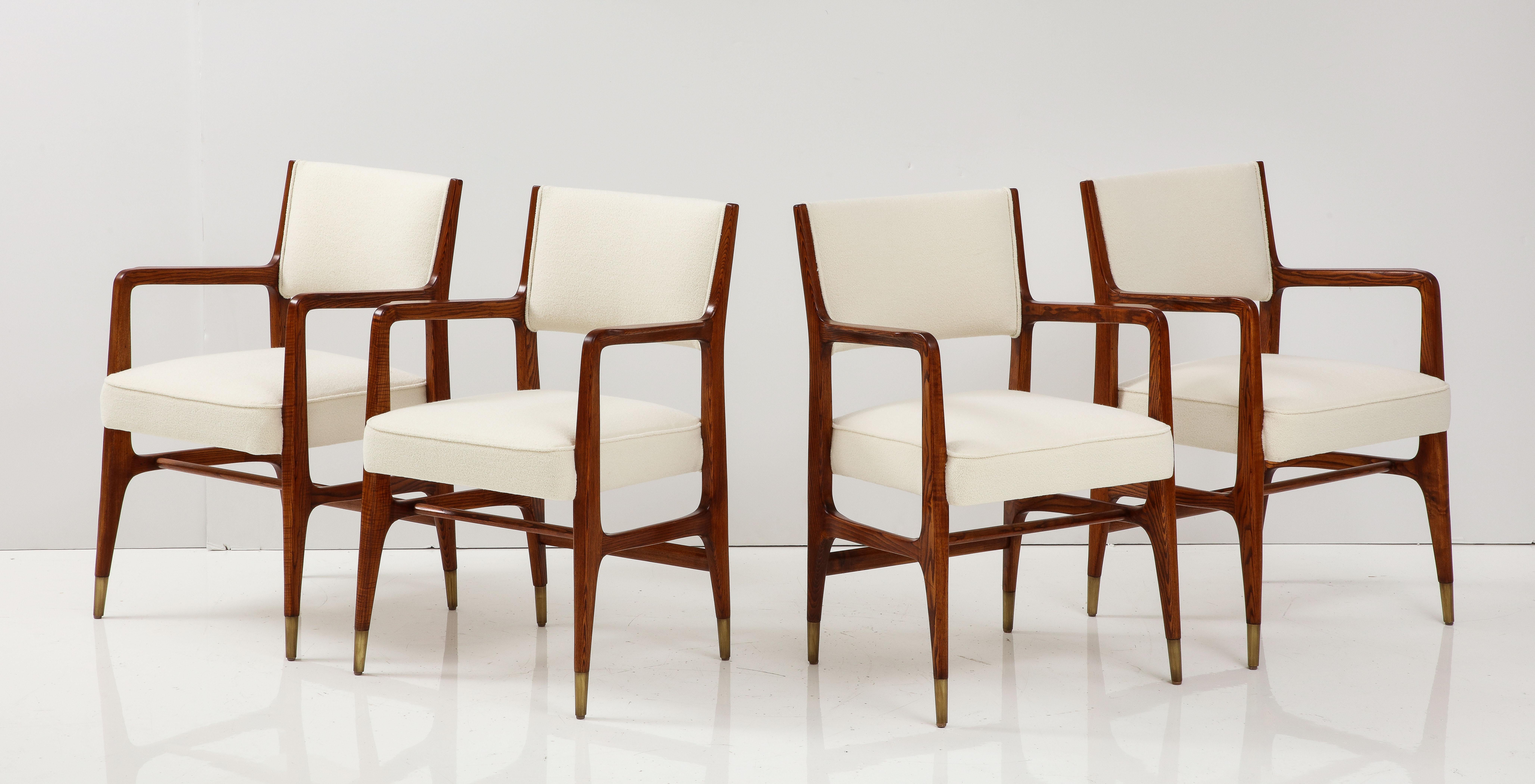 Brass Gio Ponti for Cassina Rare Set of 12 Dining Chairs Model 110 in Ivory Bouclé
