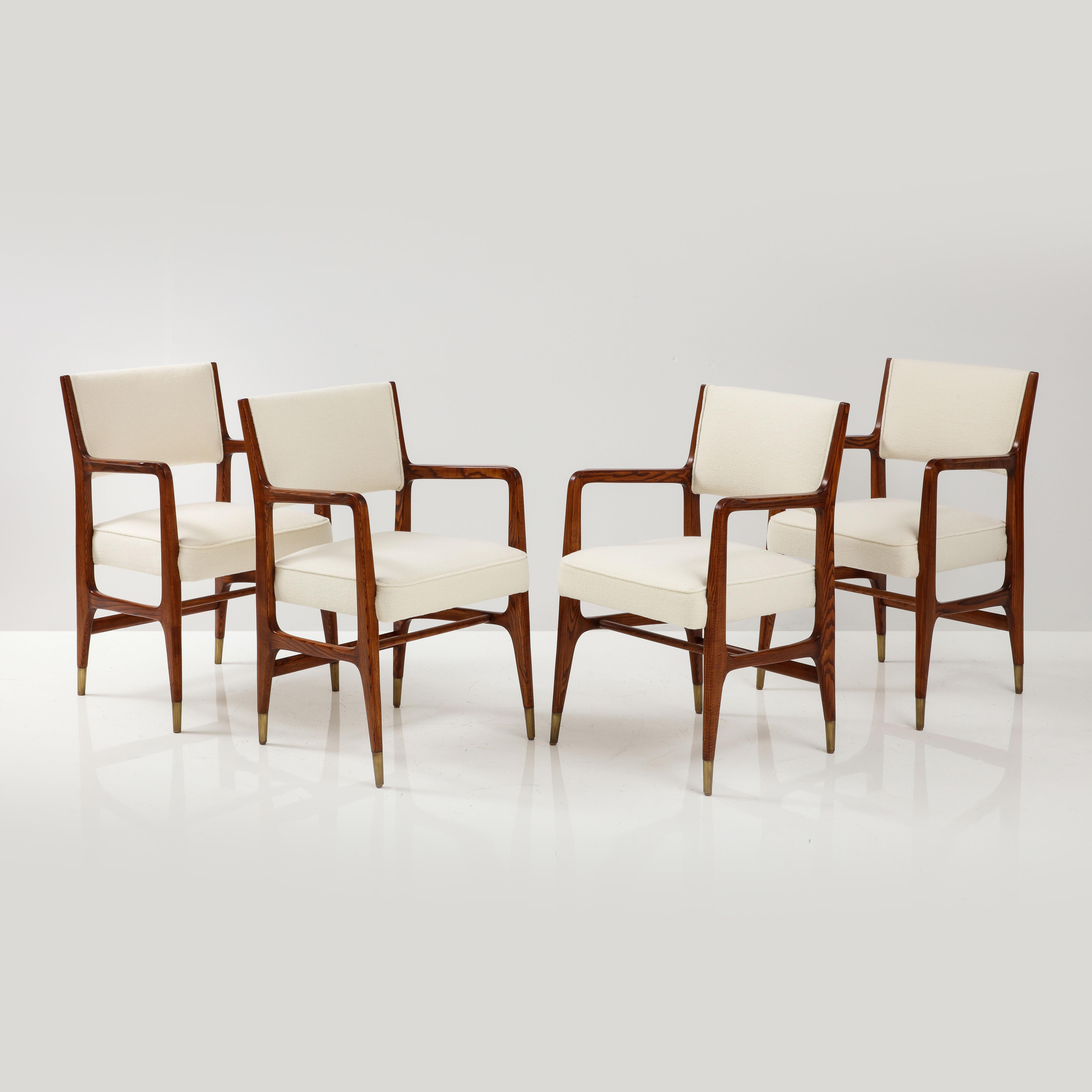 Brass Gio Ponti for Cassina Rare Set of 8 Dining Chairs Model 110 in Ivory Bouclé