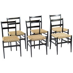 Gio Ponti for Cassina Six Black Wood and Braided Straw Leggera Chairs, 1950s