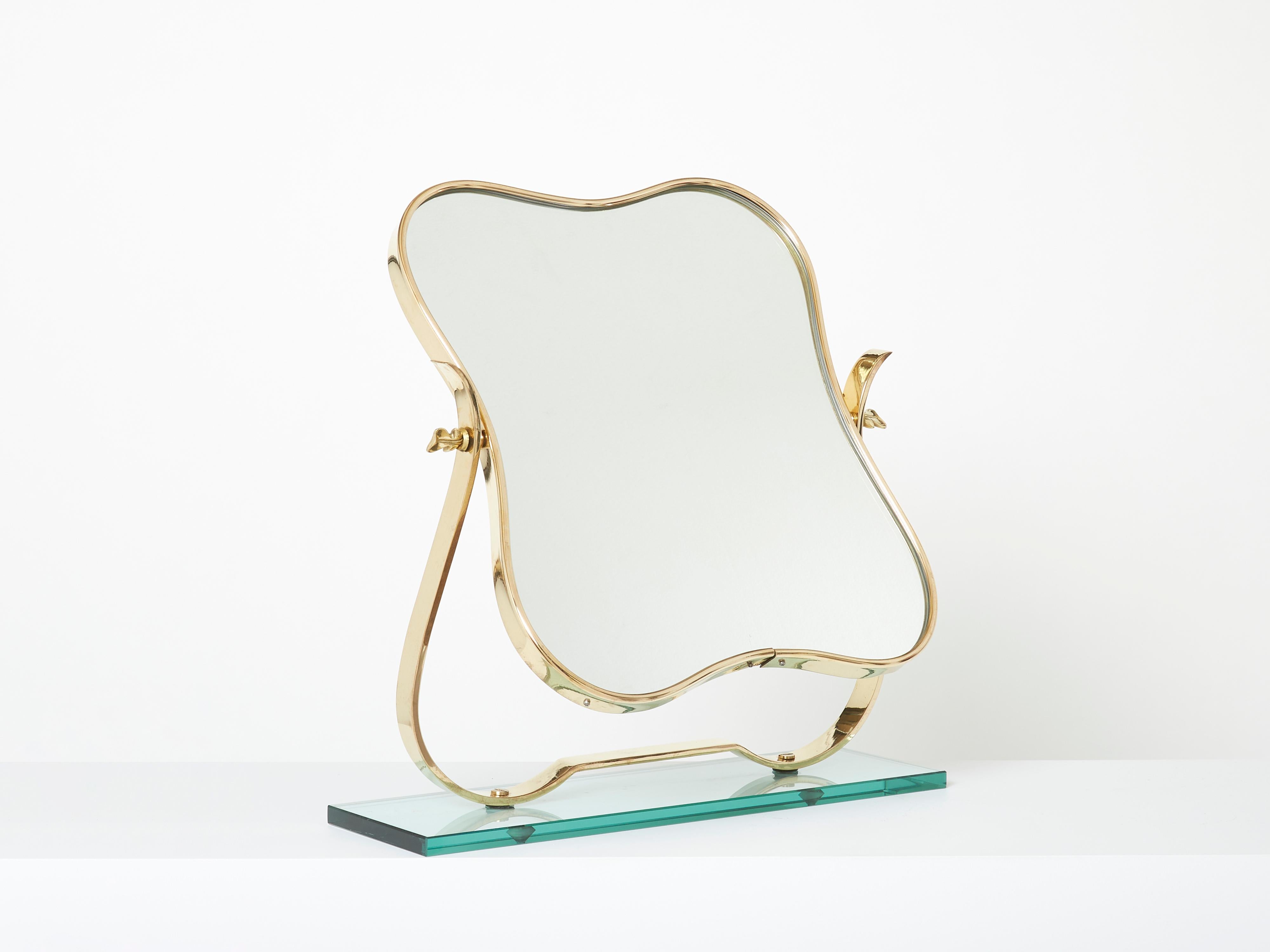 Mid-Century Modern Fontana Arte Brass Murano Glass Table Vanity Mirror, 1950s For Sale
