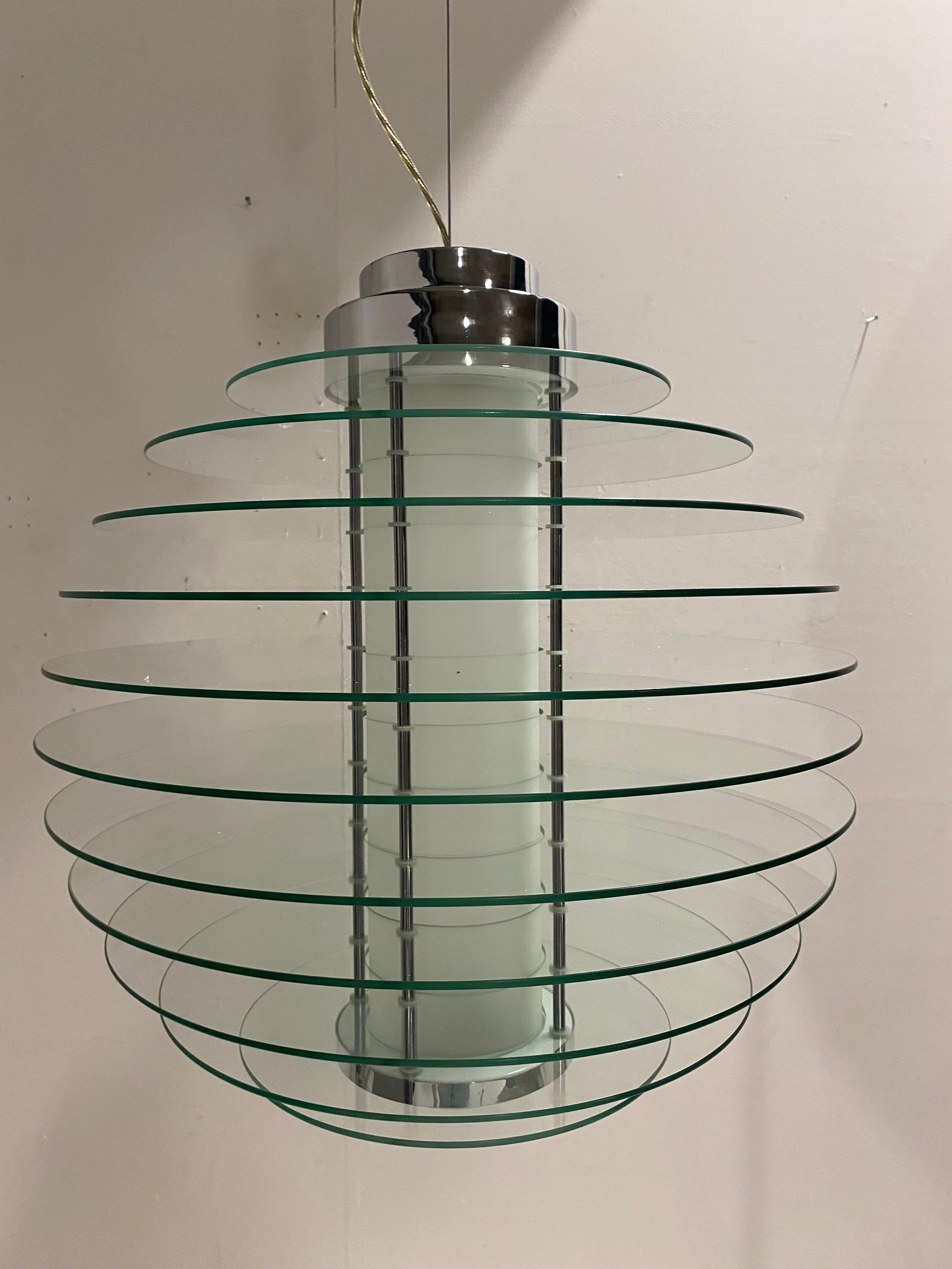 Italian Gio Ponti for Fontana Arte Suspension lamp mod. 0024 metal and glass design 1933 For Sale