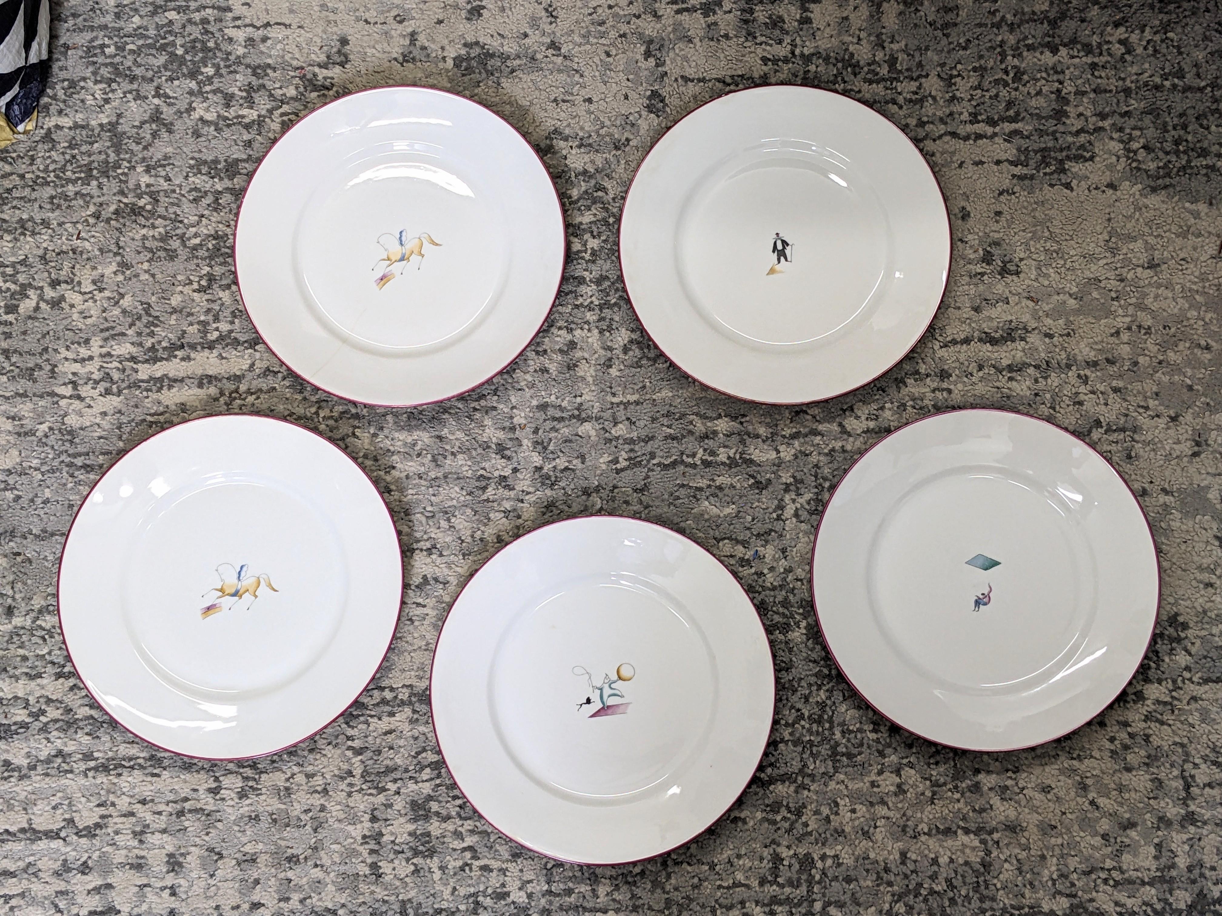 Il Circo (circus) dinner plates from the mid 1930's Italy designed by Gio Ponti for Ginori. Each decorated with a charming Modernist figure of a circus performer or animal. Priced PER PIECE. 1930's Italy. 10