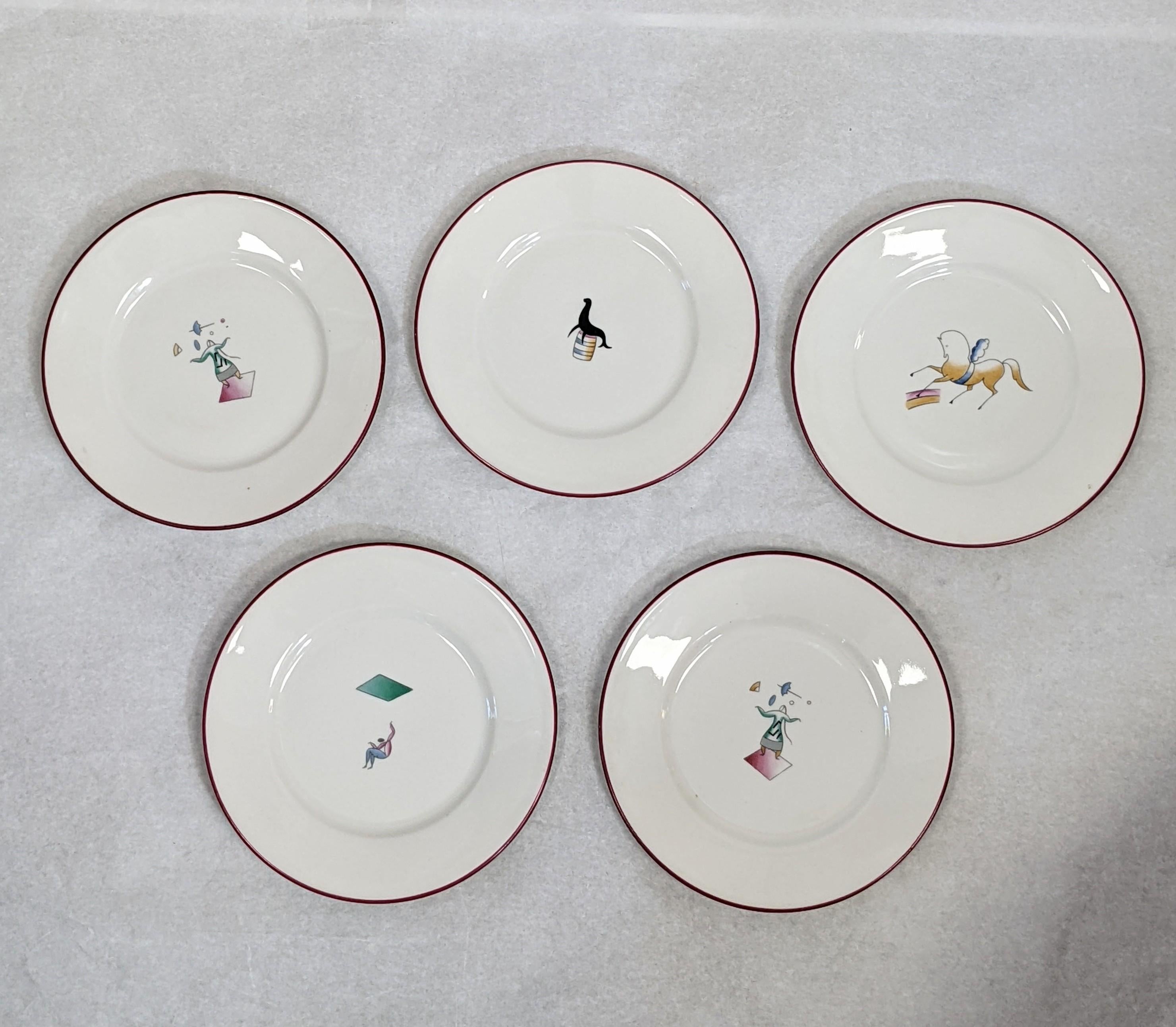 Il Circo (circus) small plates from the mid 1930's Italy designed by Gio Ponti for Ginori. Each decorated with a charming Modernist figure of a circus performer or animal. Priced per piece. 6.5