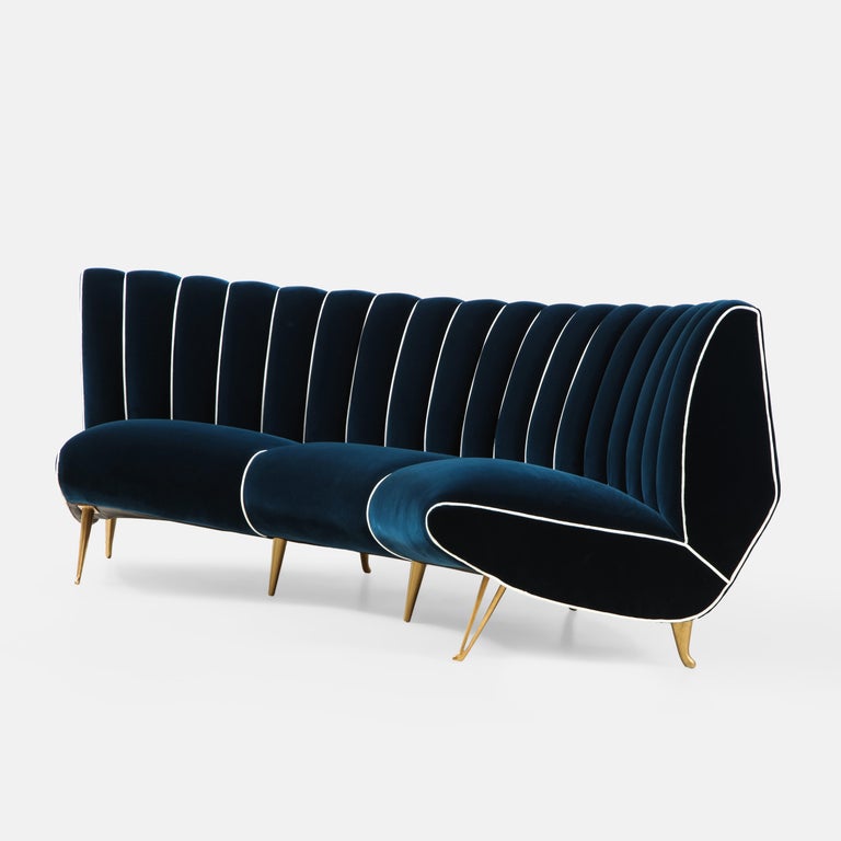 Mid-Century Modern Giulia Veronesi for ISA Bergamo Rare Curved Channel Back Sofa in Navy Velvet For Sale