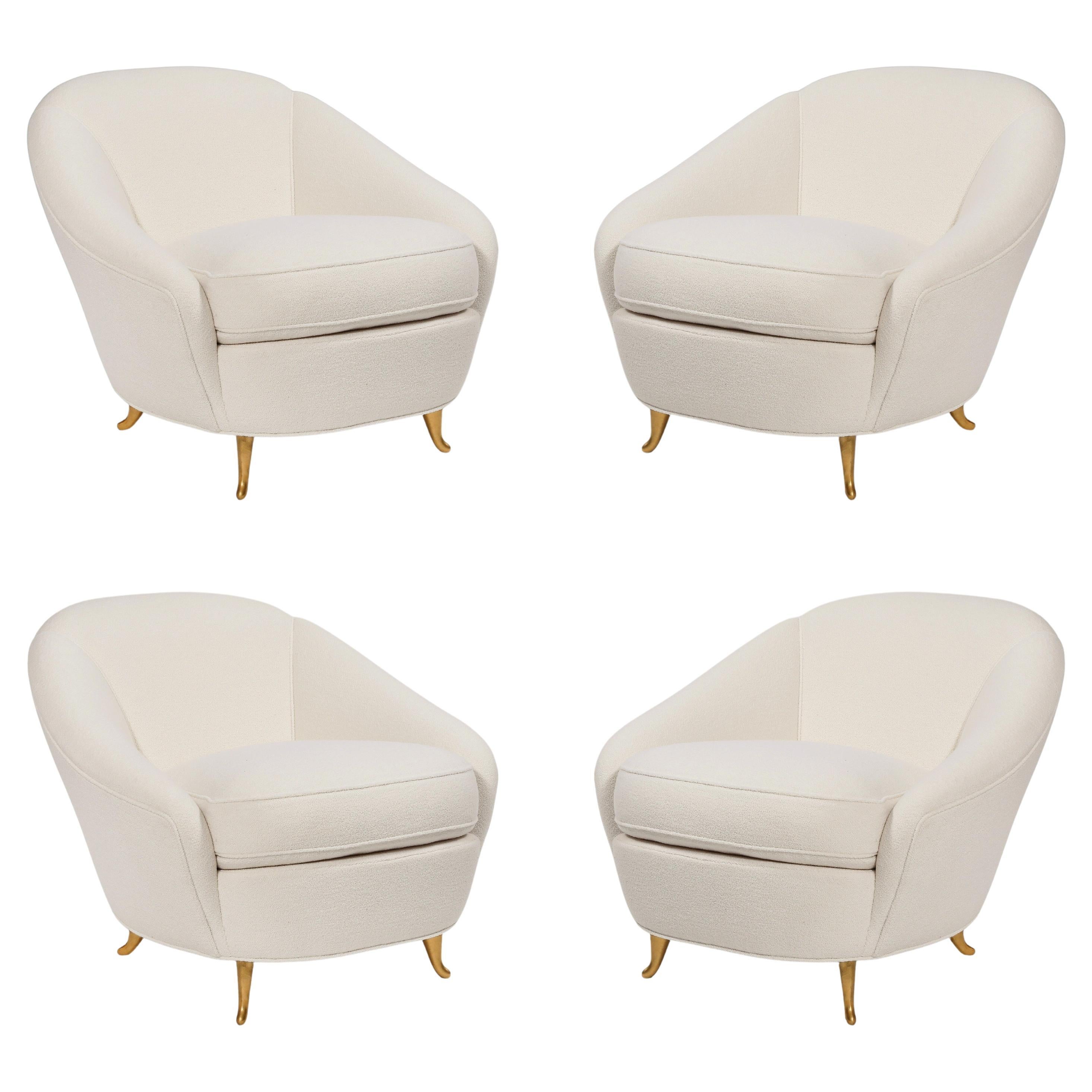 Gio Ponti for ISA Rare Set of Four Ivory Bouclé Armchairs or Lounge Chairs 1950s