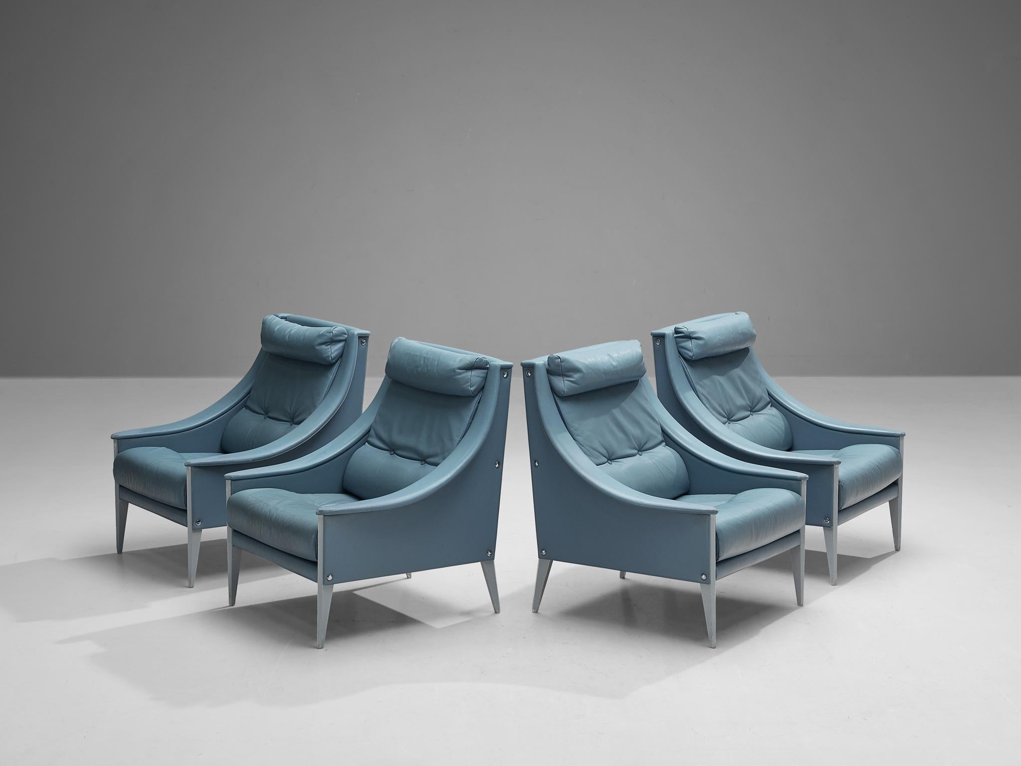 Gio Ponti for Poltrona Frau, lounge chairs, model ´Dezza´ nr. 48, leather, lacquered wood, metal, Italy, 1965. 

Set of four stylish lounge chairs designed by Gio Ponti for Poltrona Frau. These chairs embody some of Ponti’s most important design