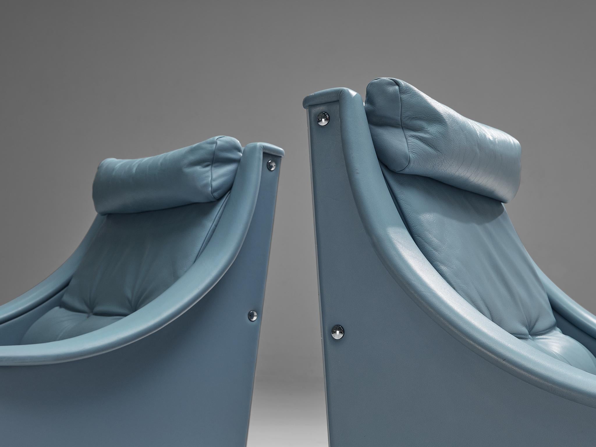 Mid-Century Modern Gio Ponti pour Poltrona Frau - Ensemble de quatre chaises longues en cuir bleu clair en vente