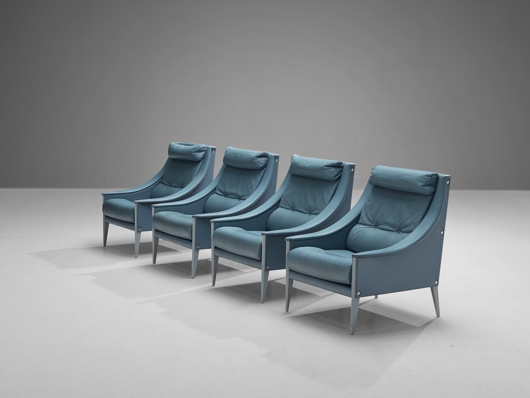 italien Gio Ponti pour Poltrona Frau - Ensemble de quatre chaises longues en cuir bleu clair en vente