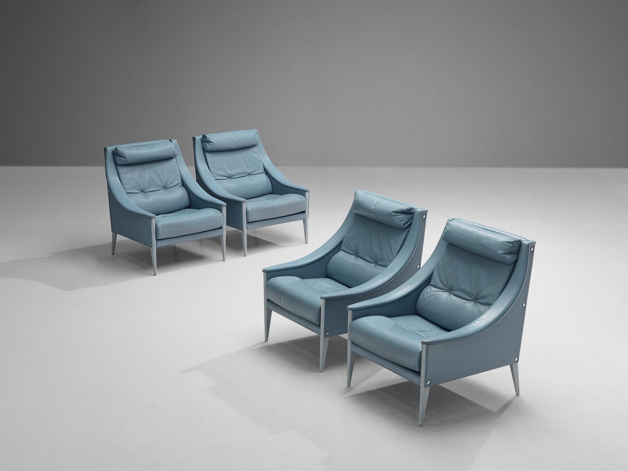 Mid-Century Modern Gio Ponti for Poltrona Frau Set of Four Lounge Chairs in Light Blue Leather For Sale