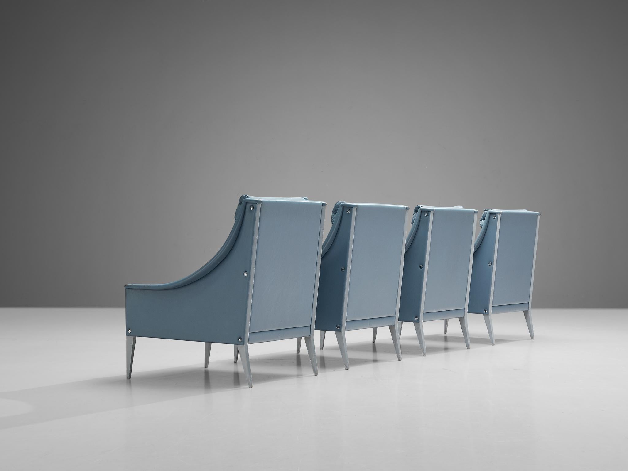 Italian Gio Ponti for Poltrona Frau Set of Four Lounge Chairs in Light Blue Leather For Sale