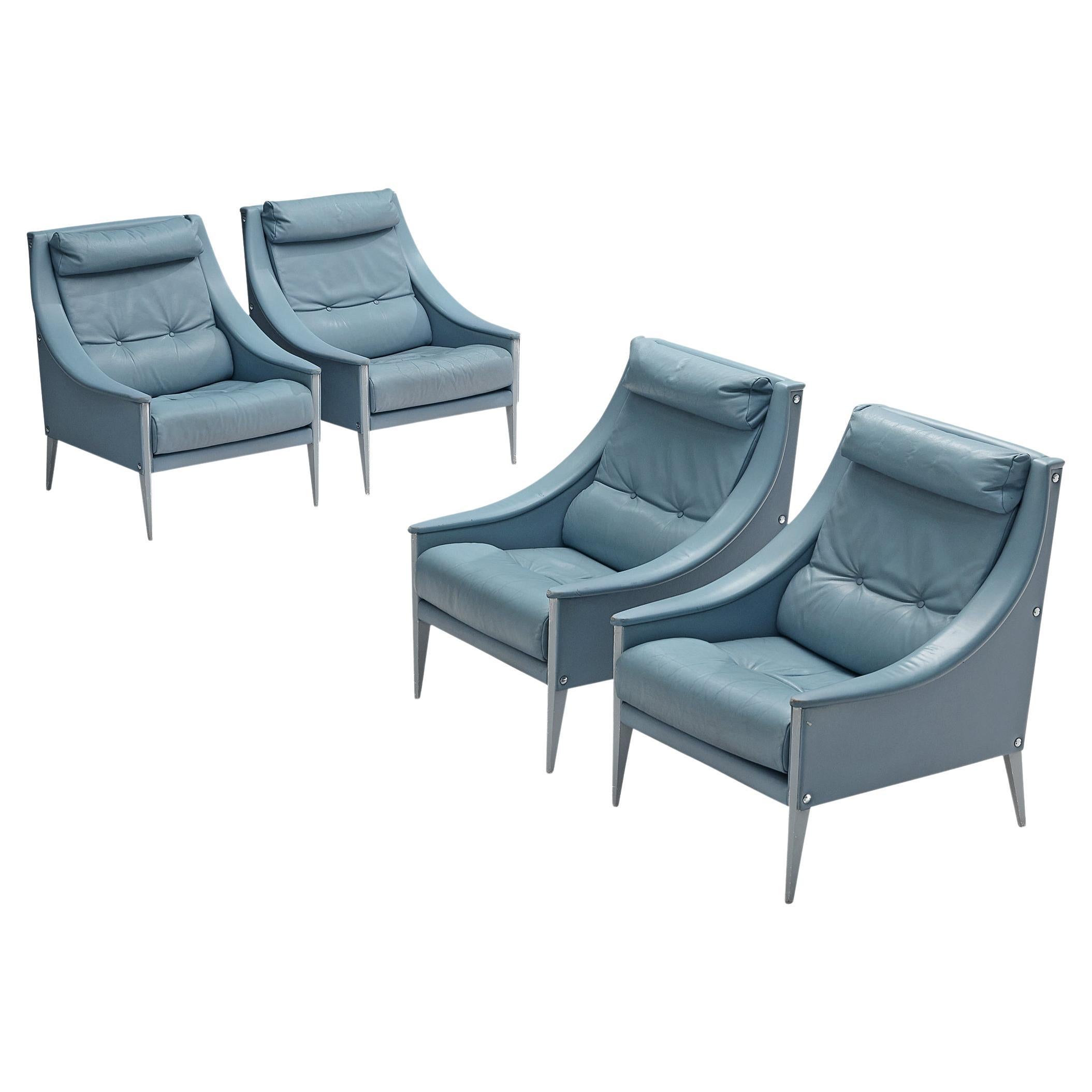 Gio Ponti for Poltrona Frau Set of Four Lounge Chairs in Light Blue Leather