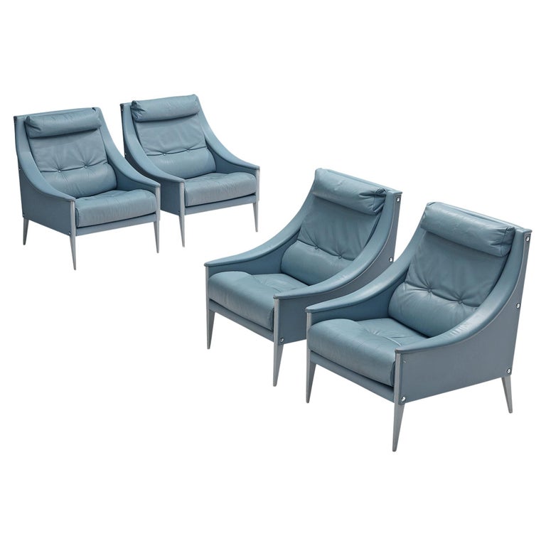 Poltrona Frau Set Of Four Lounge Chairs, Bright Blue Leather Chair