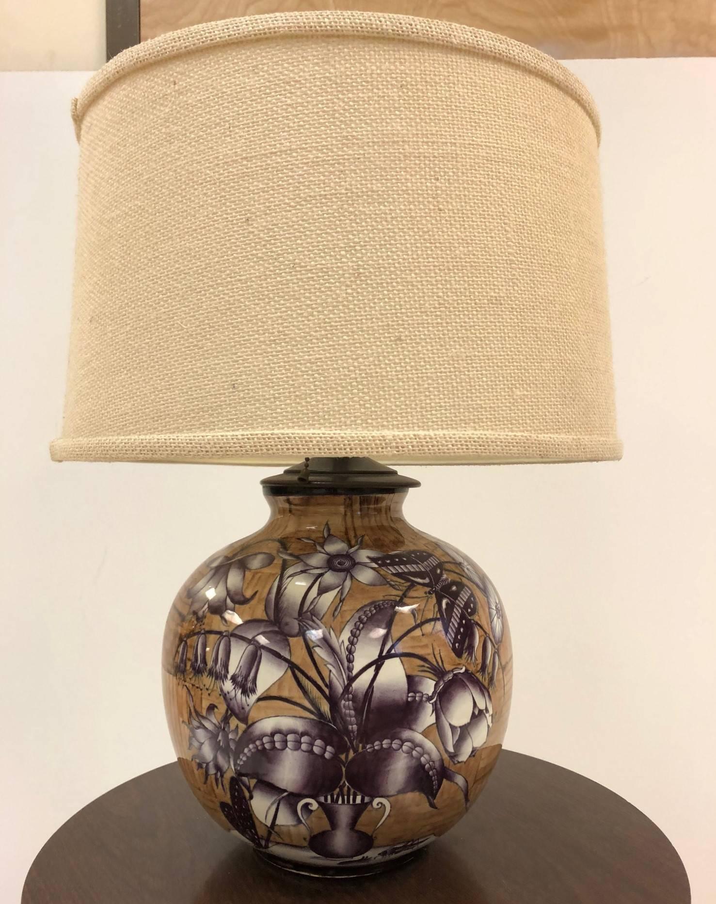 1950s, Gio Ponti for Richard Ginori ceramic lamp. The lamp is spherical and made of enameled painted with floral pattern to one side. The other side is of a bamboo pattern.