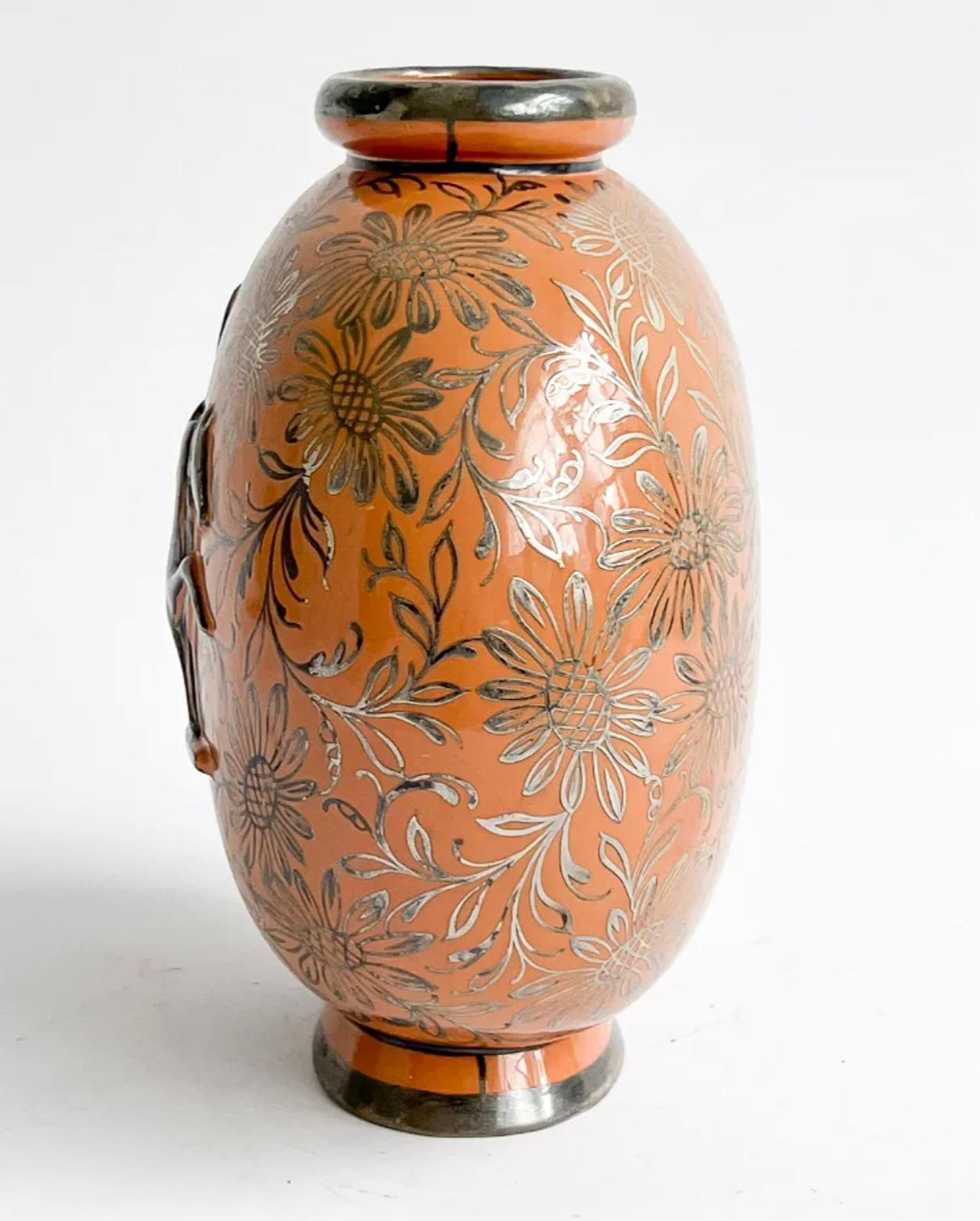 Mid-Century Modern Vase Trinfale de Gio Ponti pour Richard Ginori, rouge avec superposition d'argent, Italie, 1929 en vente