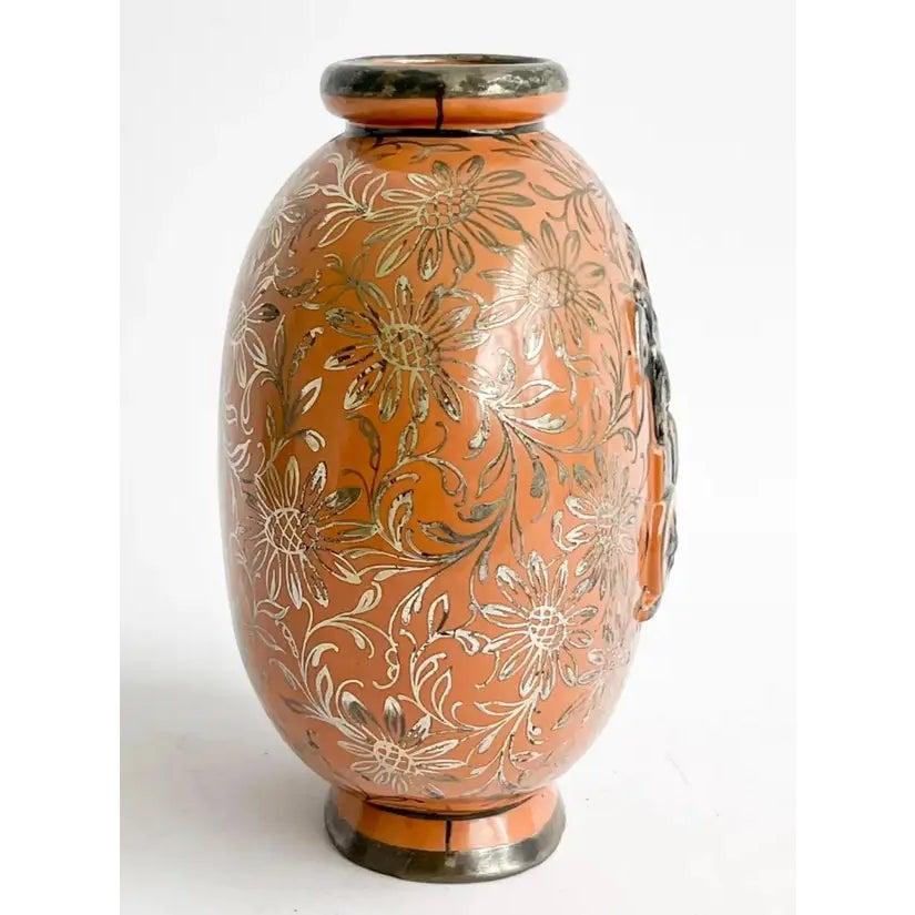 Argent Vase Trinfale de Gio Ponti pour Richard Ginori, rouge avec superposition d'argent, Italie, 1929