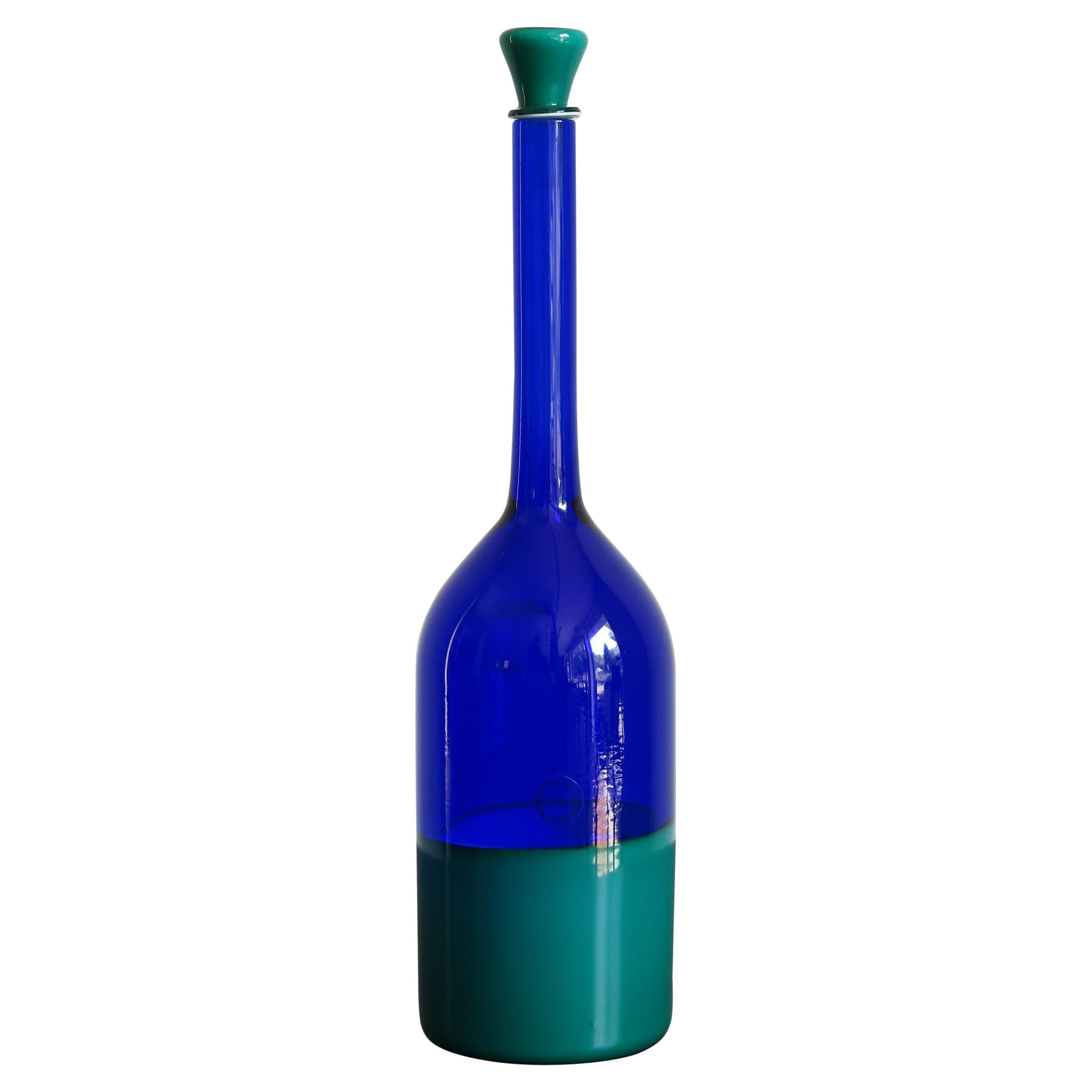 Gio Ponti for Venini Murano Italian "Morandiane" Blue Green Glass Bottle, 1995 For Sale