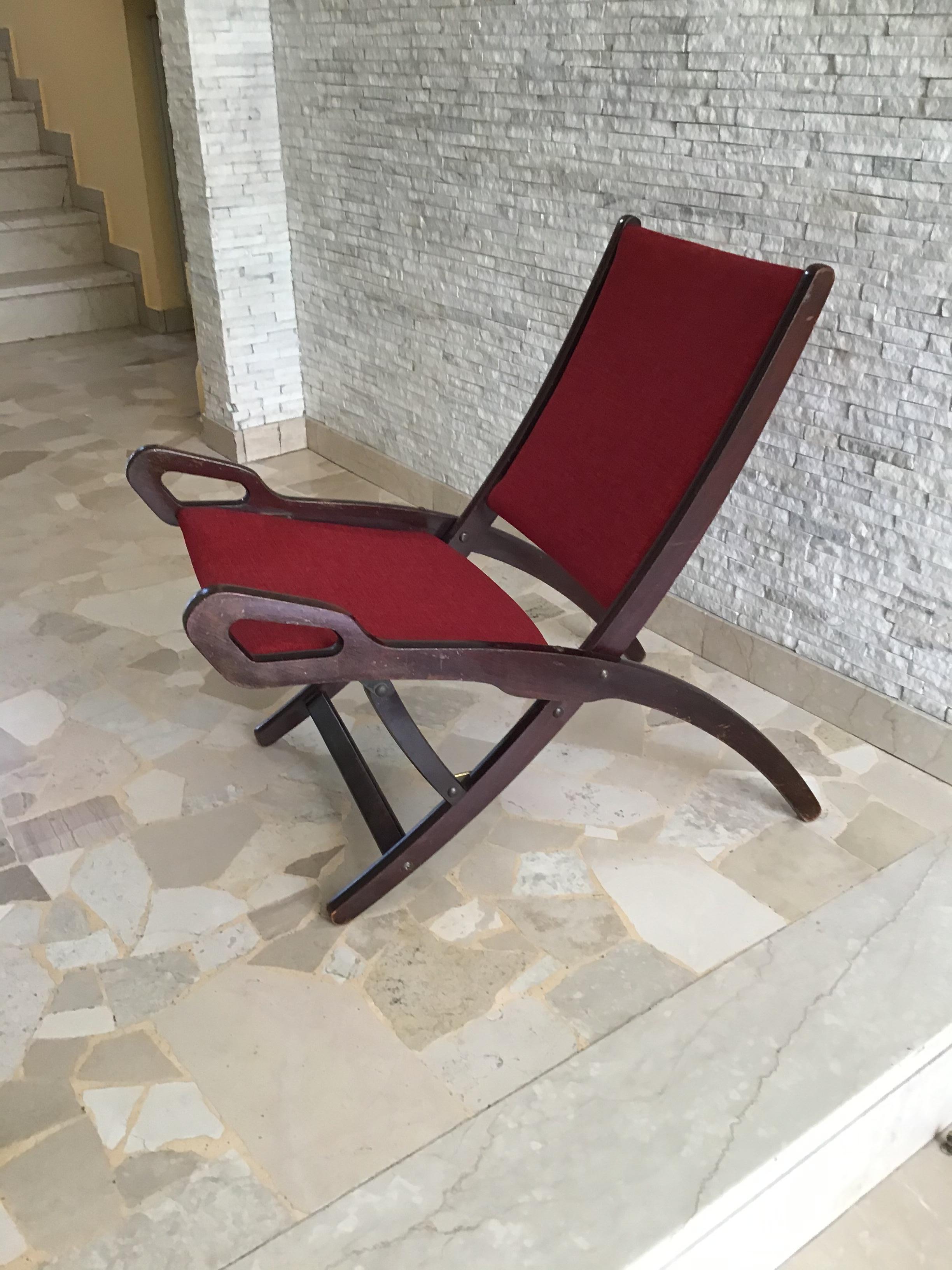 Italian Gio’ Ponti FR” Armchair Wood Brass Upholstered Seat and Back, 1960, Italy For Sale