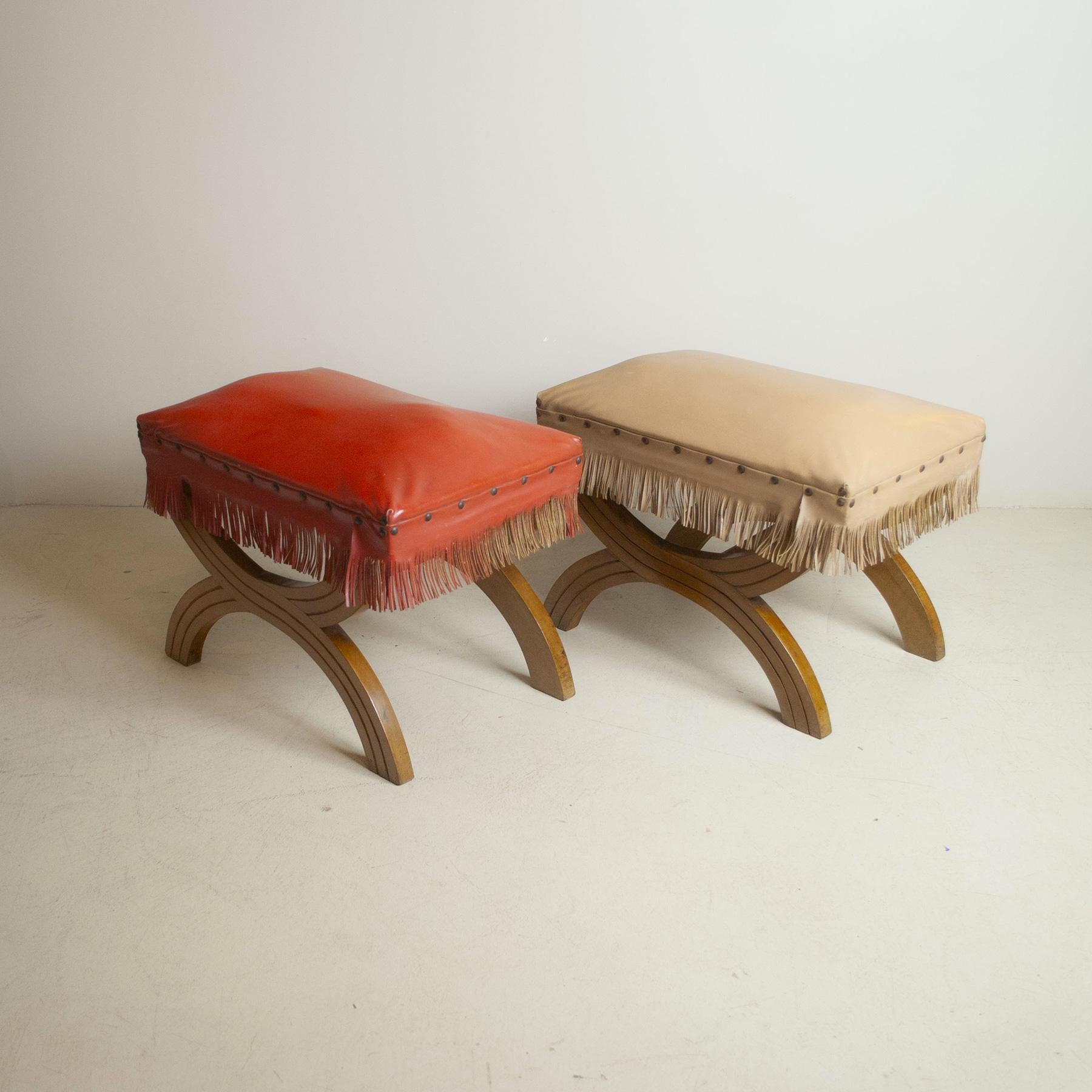 Faux Leather Gio Ponti in the Style Pair of Wooden Stools from the 1960s For Sale