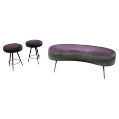 Gio Ponti Inspired Curved Ottoman Bench With A Matching Pair of Stools