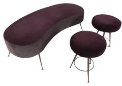 Gio Ponti Inspired Curved Ottoman Bench With A Matching Pair of Stools
