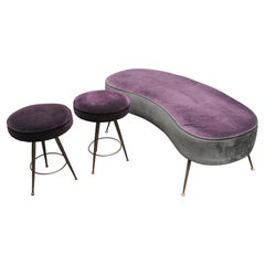 Gio Ponti Inspired Curved Ottoman Bench With A Matching Pair of Stools