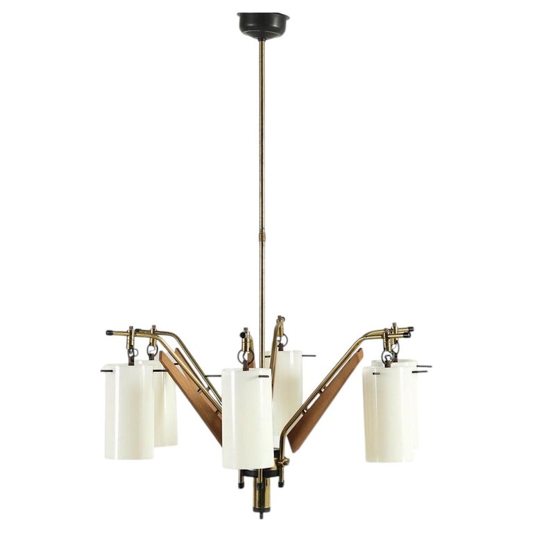 Gio Ponti Inspired Six-Arm Brass and Wood Chandelier, Italy, 1960s