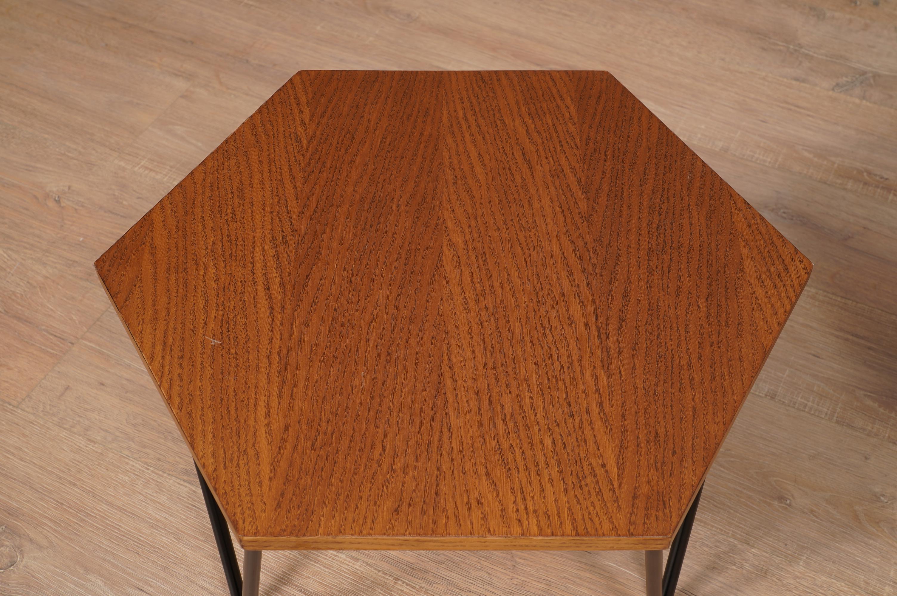 Italian Gio Ponti ISA Manufacturing Hexagonal Wood and Iron Side Table, 1960 For Sale