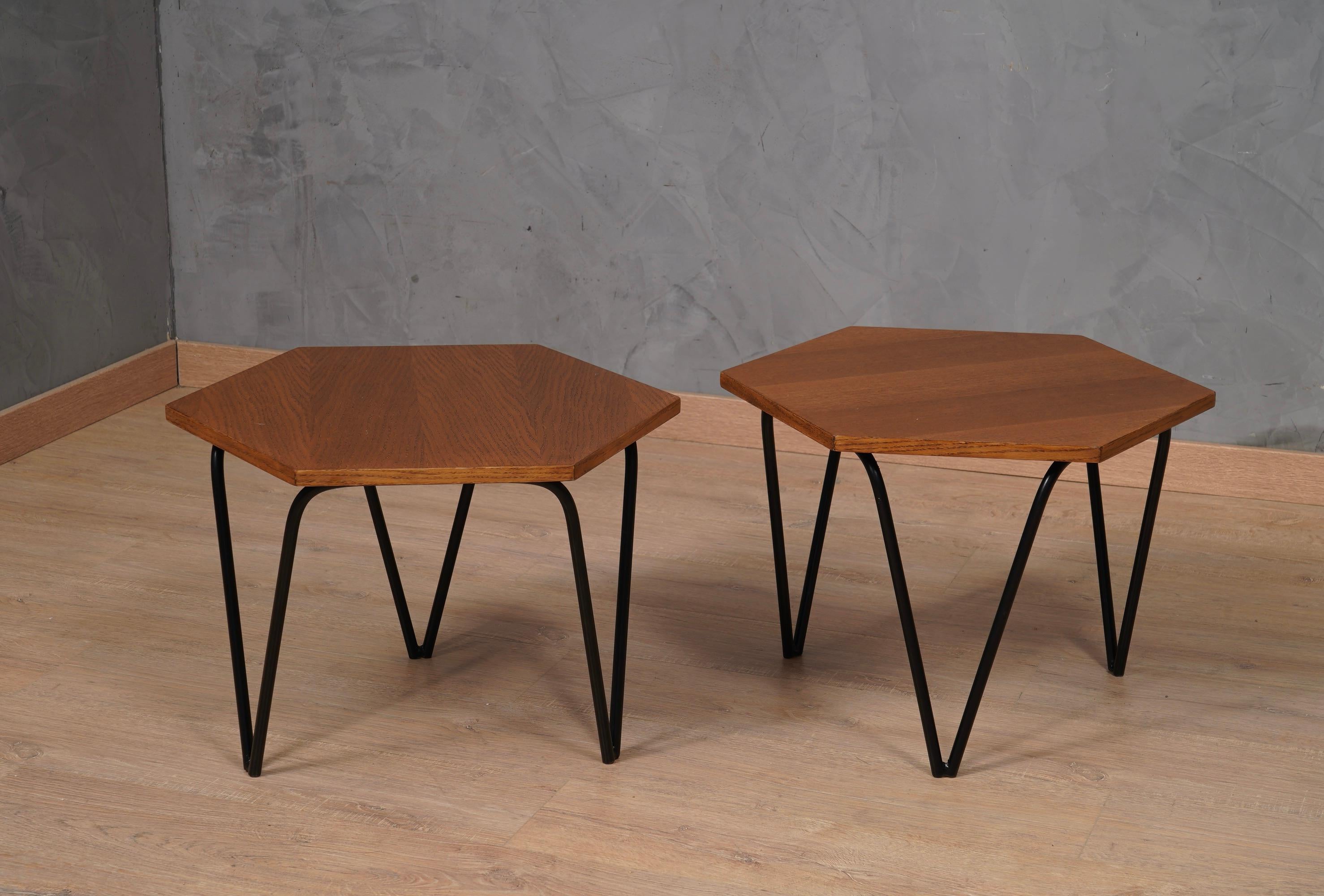 Italian Gio Ponti ISA Manufacturing Hexagonal Wood and Iron Side Table, 1960