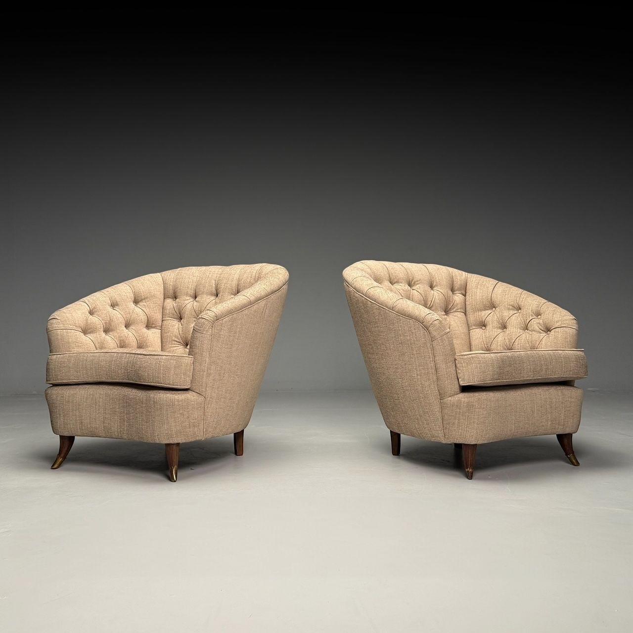 Gio Ponti, Italian Mid-Century Modern, Tufted Lounge Chairs, Beige Linen, 1950s In Good Condition For Sale In Manhasset, NY