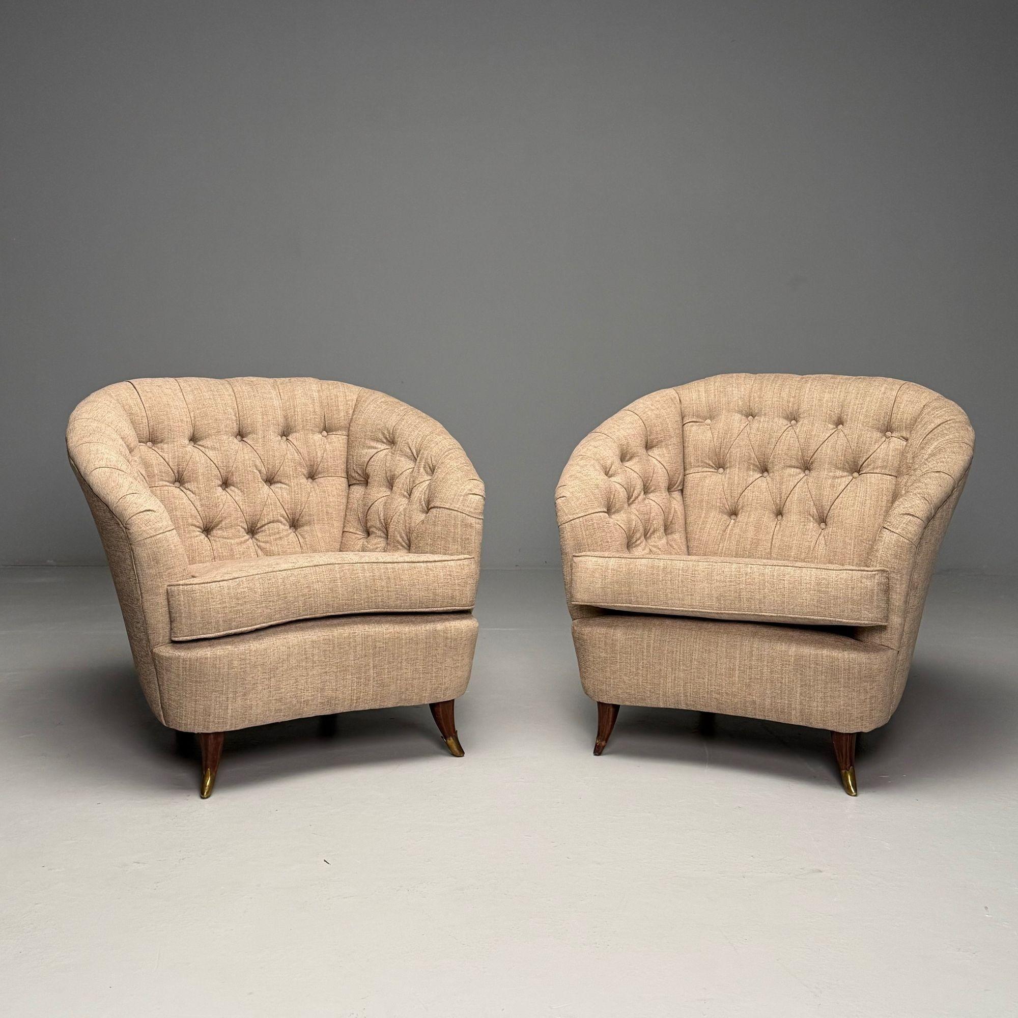 Mid-20th Century Gio Ponti, Italian Mid-Century Modern, Tufted Lounge Chairs, Beige Linen, 1950s For Sale