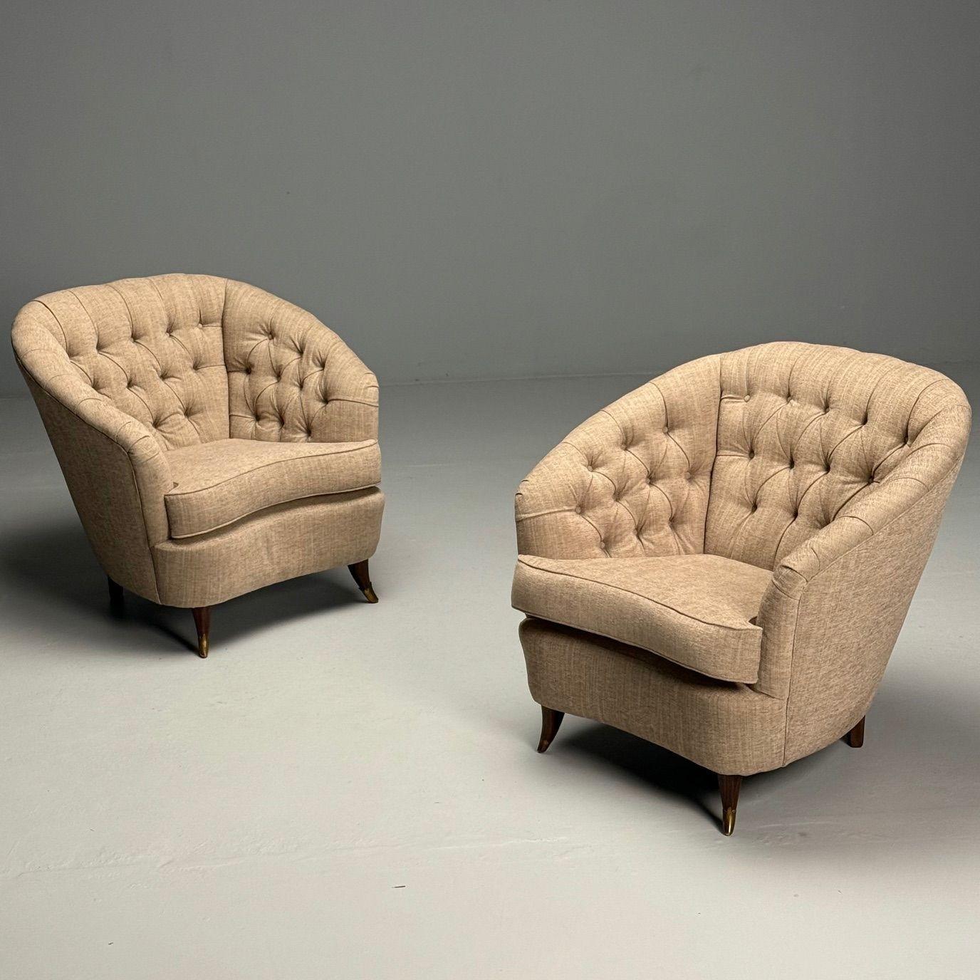 Gio Ponti, Italian Mid-Century Modern, Tufted Lounge Chairs, Beige Linen, 1950s For Sale 1