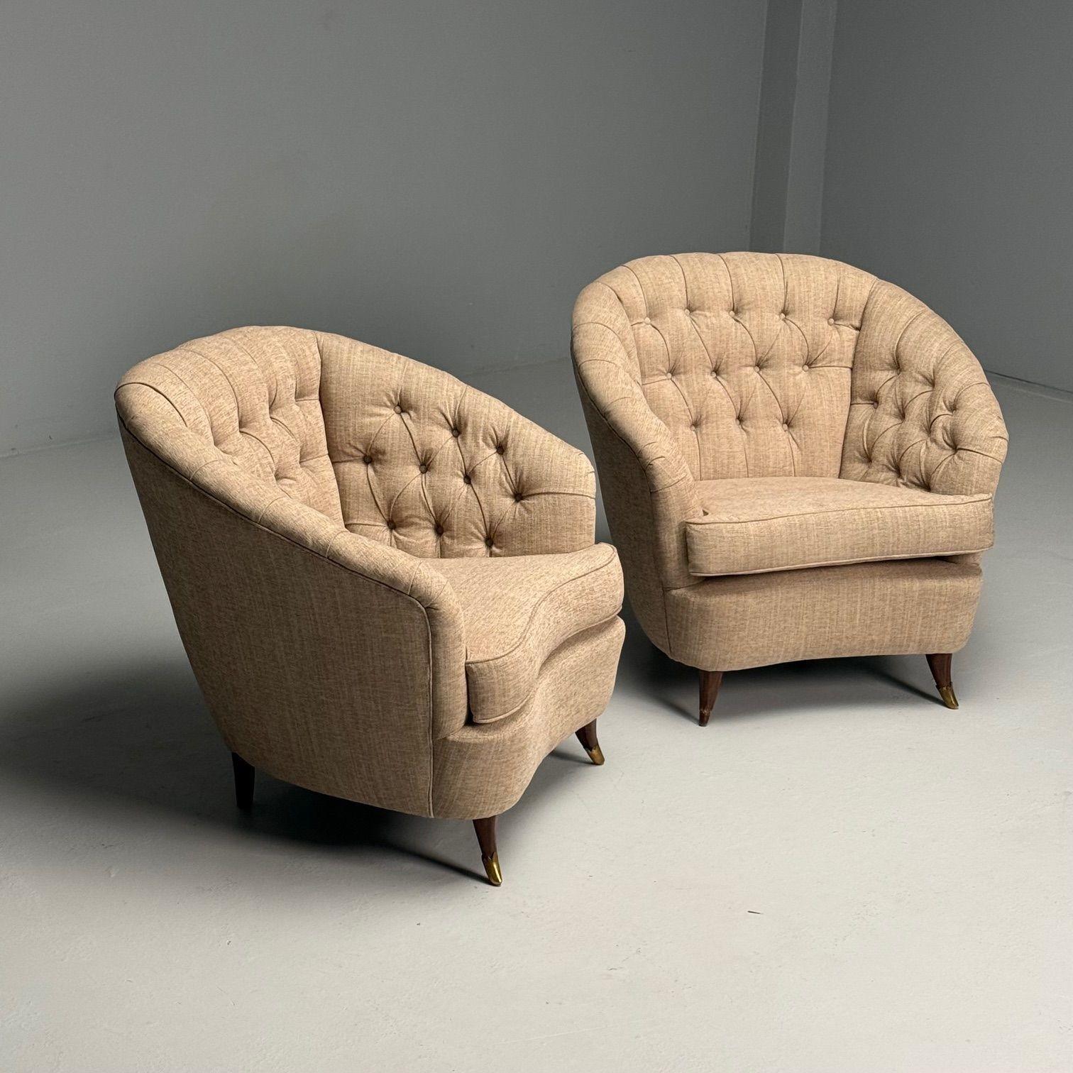 Gio Ponti, Italian Mid-Century Modern, Tufted Lounge Chairs, Beige Linen, 1950s For Sale 2